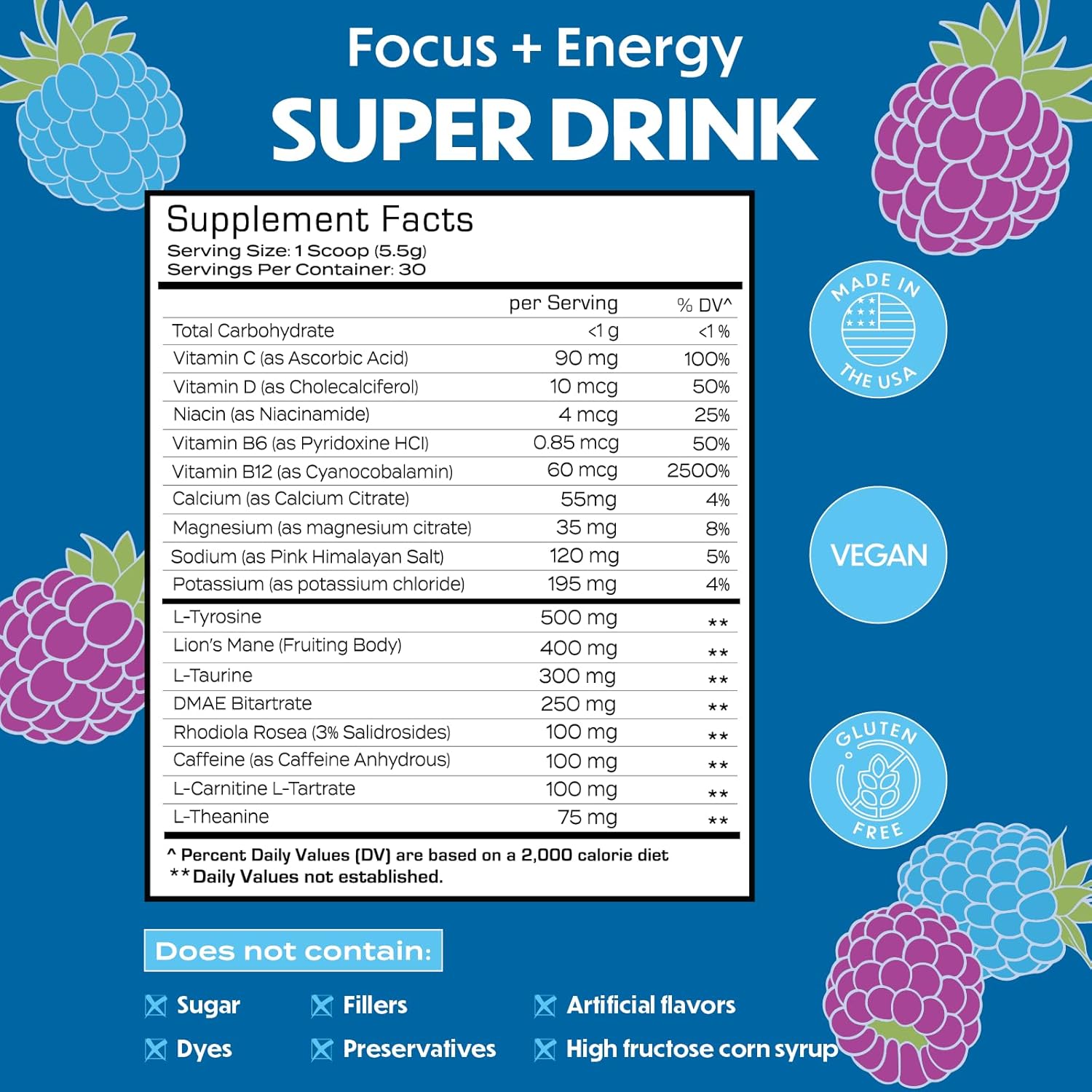 Forgge Healthy Energy Drink Mix - Clean Caffeine + B12, B6, C & D Vitamins - Sugar Free Energy Drink Powder with Electrolytes, Amino Acids, Antioxidants, Lions Mane - Vegan, Keto-Friendly - 30 SVG, Blue Raspberry - Image 3