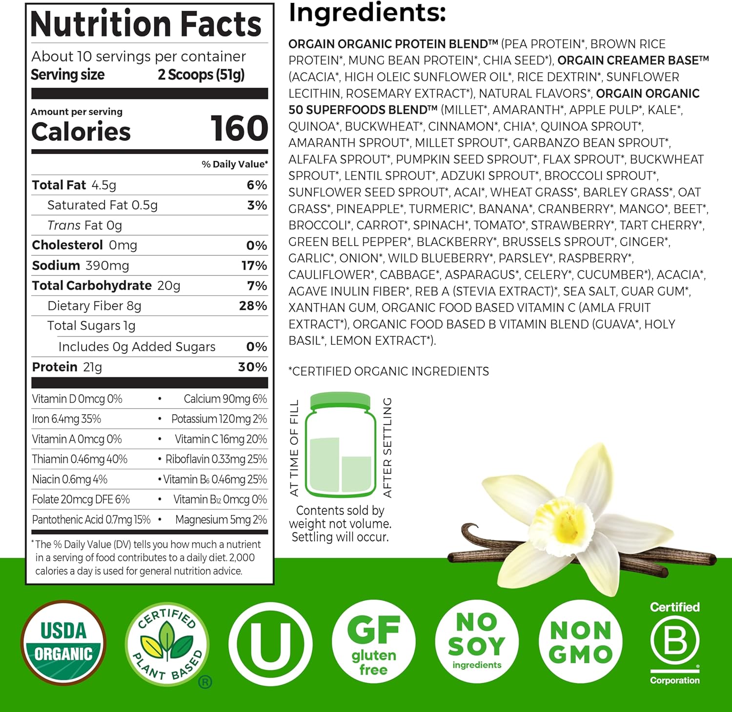 Orgain Organic Vegan Protein + 50 Superfoods Powder, Vanilla Bean - 21g Plant Based Protein, 8g Prebiotic Fiber, No Lactose Ingredients, Gluten Free, No Added Sugar, 1.12 lb (Packaging May Vary) - Image 2