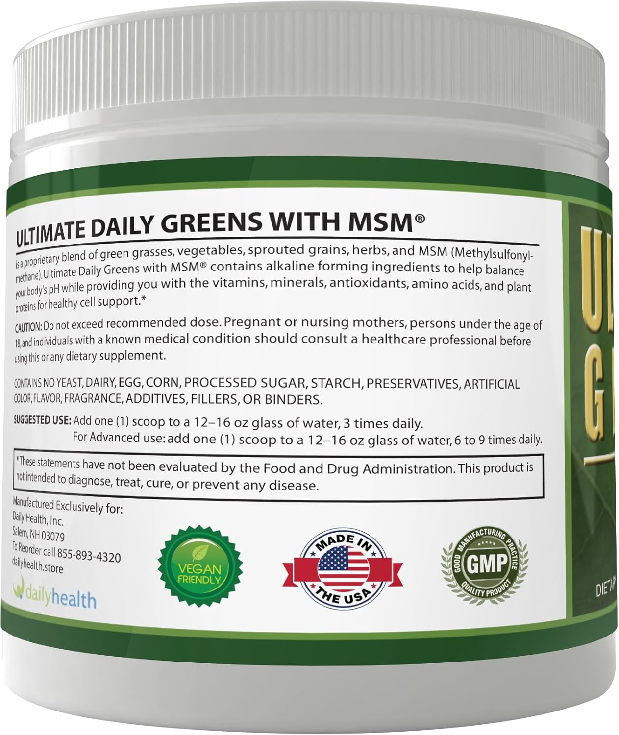 Daily Health, Ultimate Greens with MSM Powder, Vegan Friendly Natural Ingredients Gluten Soy Free NO GMO Superfood Vegetable Nutritional Drink Alkalizing Energy 8oz 1 Pack (1 Month Supply) - Image 8
