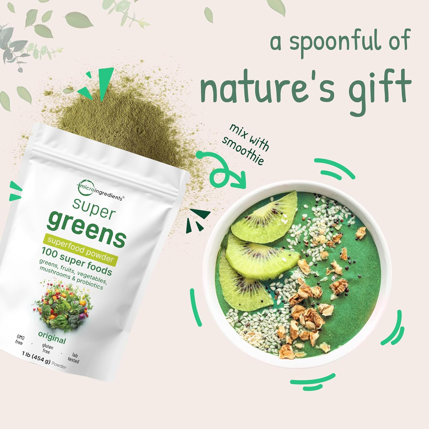 Micro Ingredients Super Greens Powder, 1lb | 100 Superfood Blend with Daily Greens, Fruits, Vegetables, Mushrooms & Probiotics | Source of Vegan Protein & Enzymes | Non-GMO, Gluten-Free, No Additives - Image 6