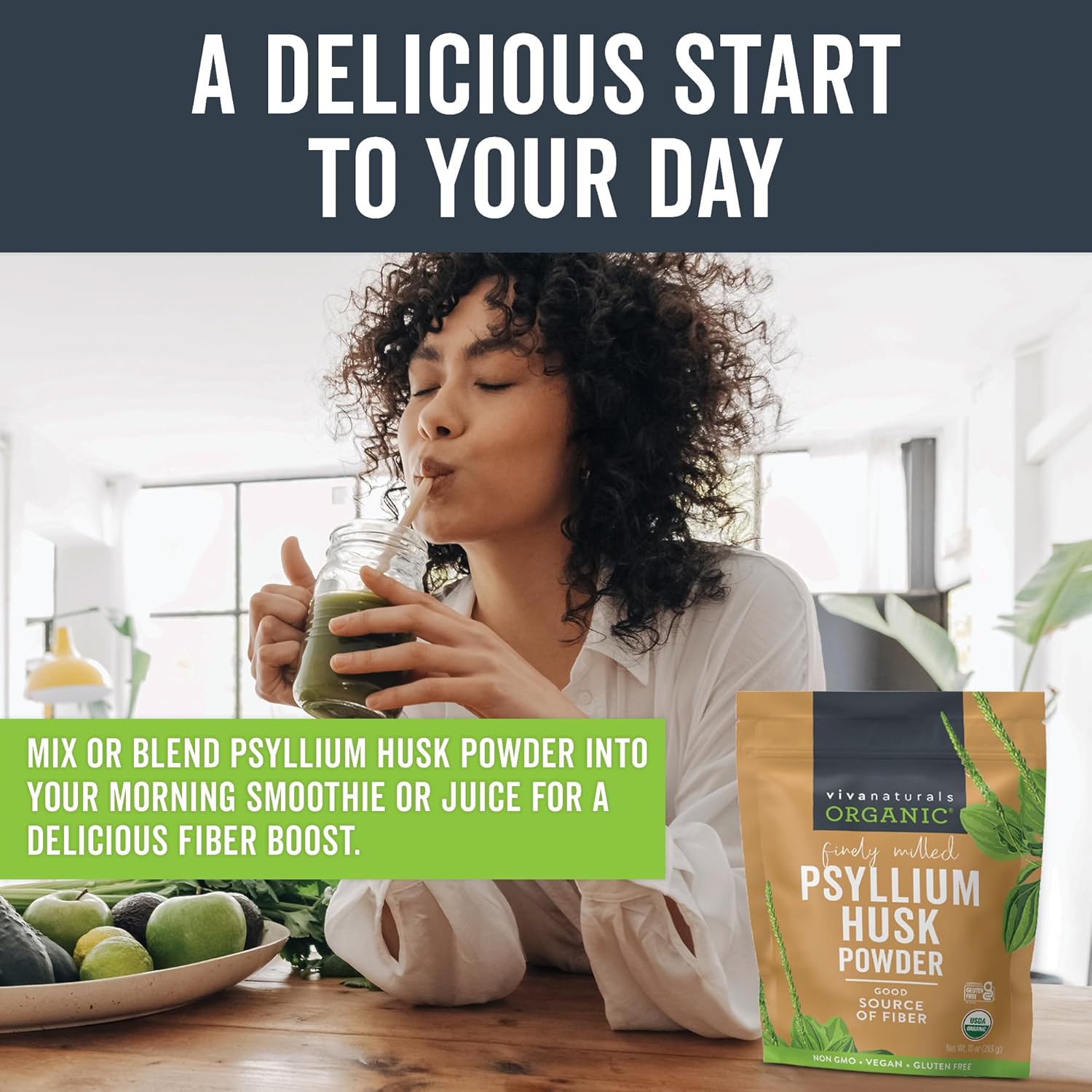 Viva Naturals Organic Psyllium Husk Powder, 10 oz – Finely Ground, Unflavored, Vegan, Keto, Paleo, Non-GMO Plant-Based Superfood, Good Source of Fiber for Gluten-Free Baking, Juices & Smoothies - Image 2