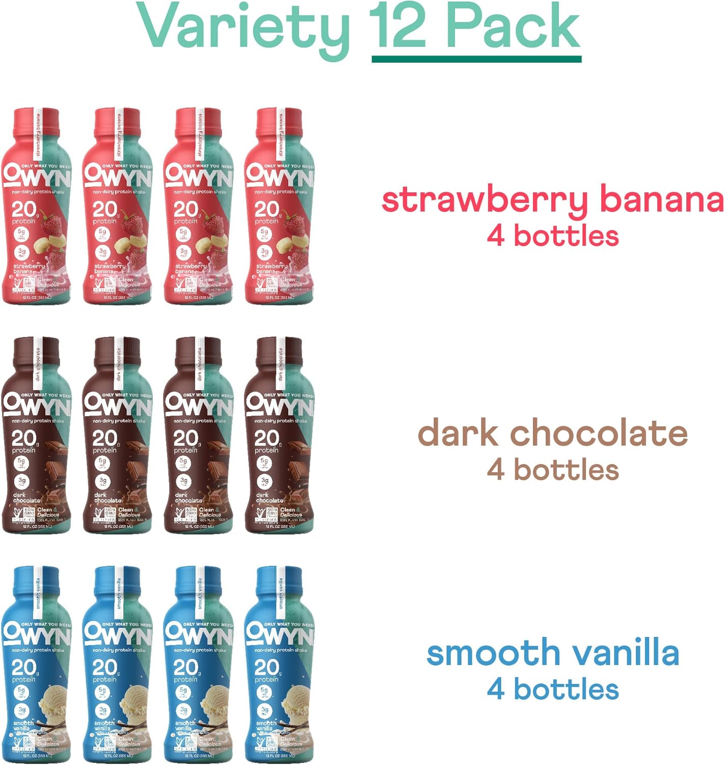 OWYN Only What You Need Protein Shake Variety Pack, Strawberry Banana, Dark Chocolate, Smooth Vanilla Flavored Protein Shakes, 20g Protein, 4g Sugar, 3g Fiber, Dairy Free, Plant Based Protein, 12 CT - Image 5