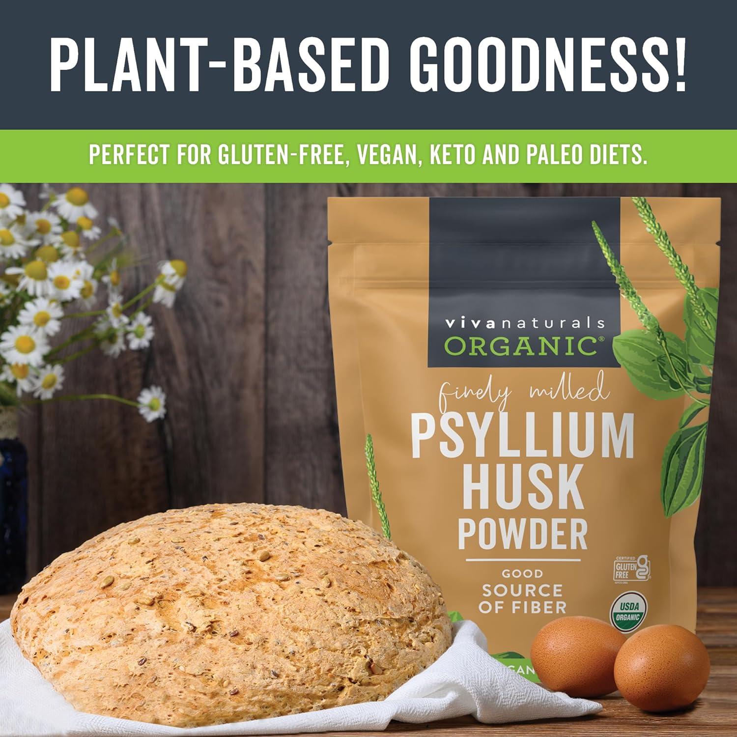 Viva Naturals Organic Psyllium Husk Powder, 24 oz – Finely Ground, Unflavored, Vegan, Keto, Paleo, Non-GMO Plant-Based Superfood, Good Source of Fiber for Gluten-Free Baking, Juices & Smoothies - Image 3