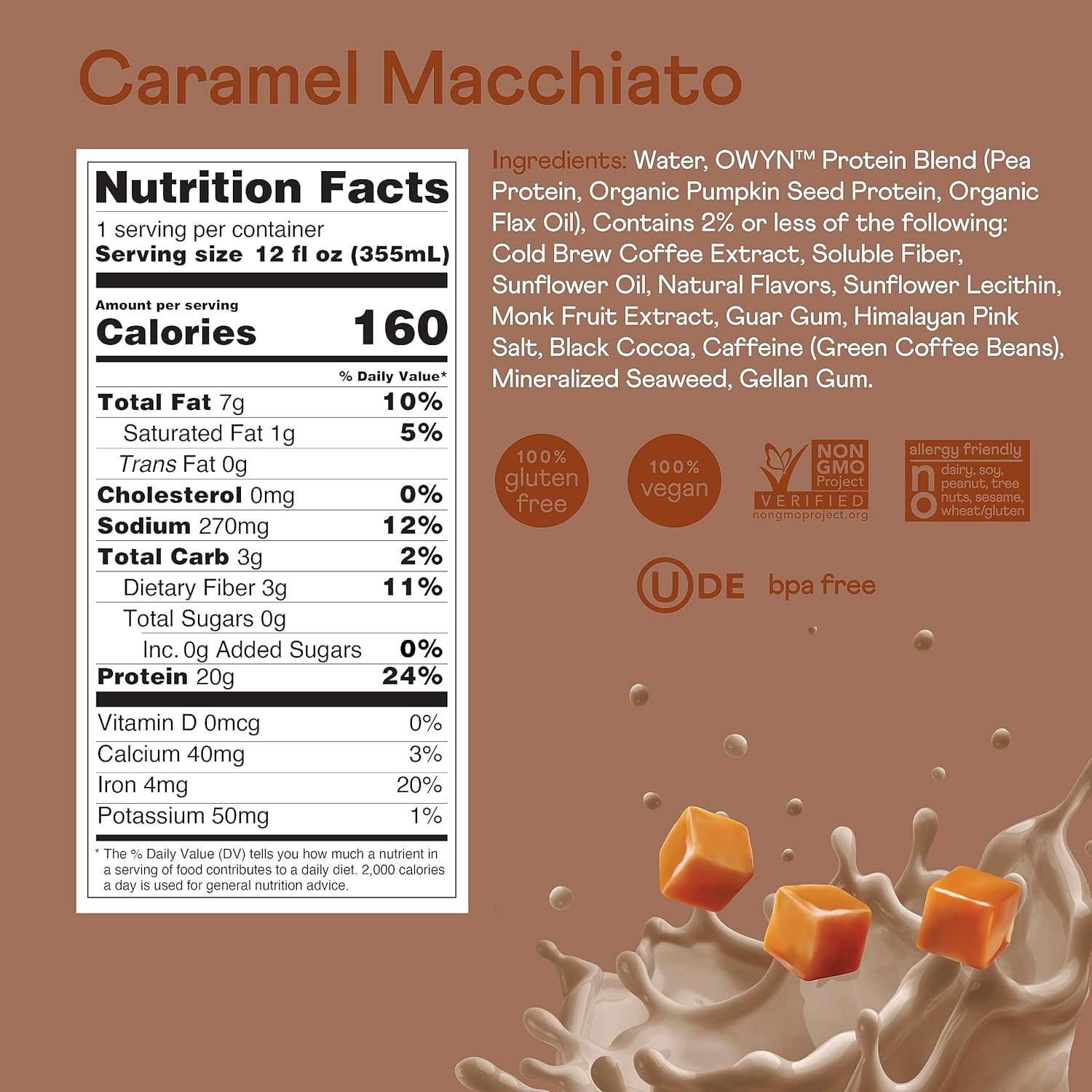 OWYN Only What You Need Double Shot Dairy Free Keto Protein Coffee Shake, Caramel Macchiato, 0g Sugar, 20g Plant Based Protein, 180mg Caffeine, Gluten & Soy Free, Non-GMO, Vegan (12 Pack, 12 Fl Oz) - Image 5