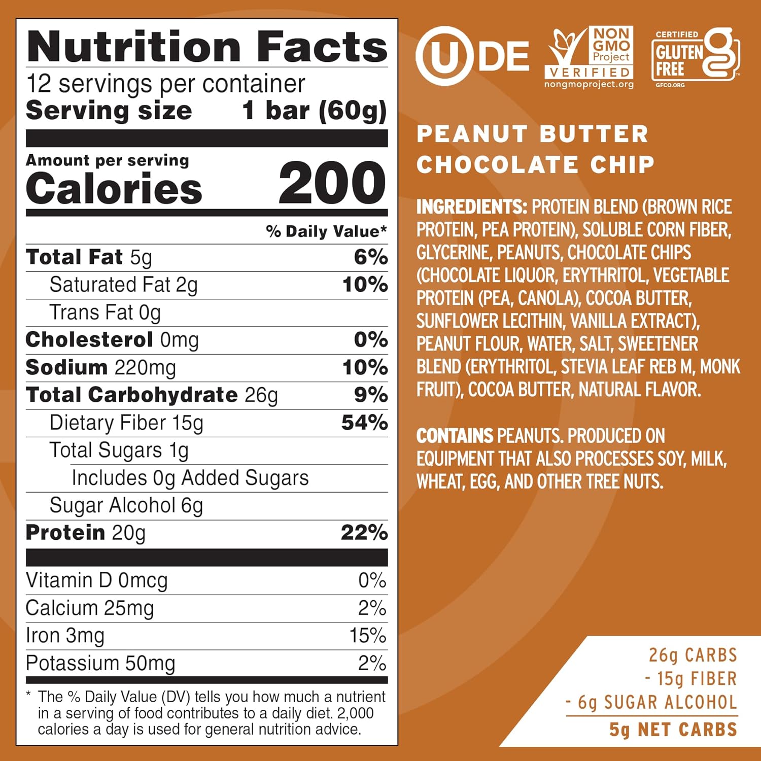 No Cow Vegan Protein Bars, Upgraded Peanut Butter Chocolate Chip | 20g Plant Based Protein, Gluten Free, Dairy Free, Soy Free, Keto Friendly, Low Sugar, High Fiber Snack Bars | Pack of 12 - Image 2