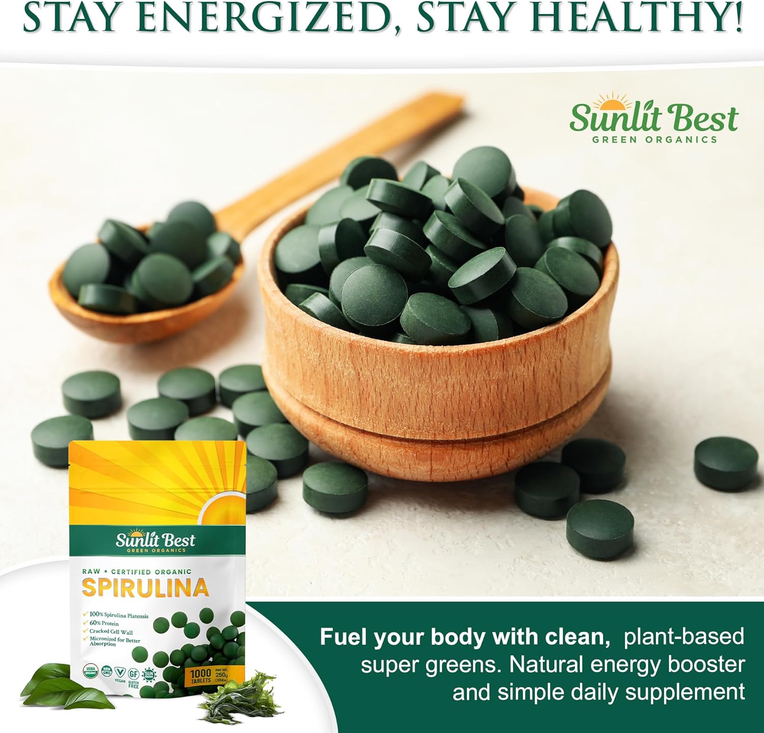 Sunlit Best - USDA Organic Spirulina Tablet - Natural Super Greens Supplements for Immune Support, Gut Health & Boost Energy Tablets with Chlorophyll, Vegan & High Protein Non GMO, 1000 Superfood Tabs - Image 7