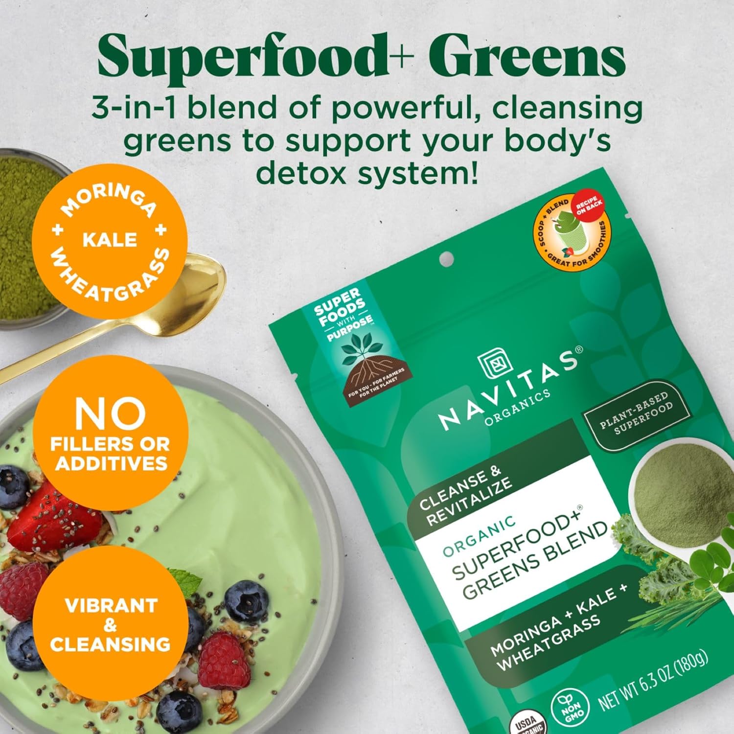 Navitas Organics Superfood+ Greens Blend for Detox Support (Moringa + Kale + Wheatgrass), 6.3oz Bag, 30 Servings — Organic, Non-GMO, Vegan, Gluten-Free, Keto & Paleo.… - Image 2