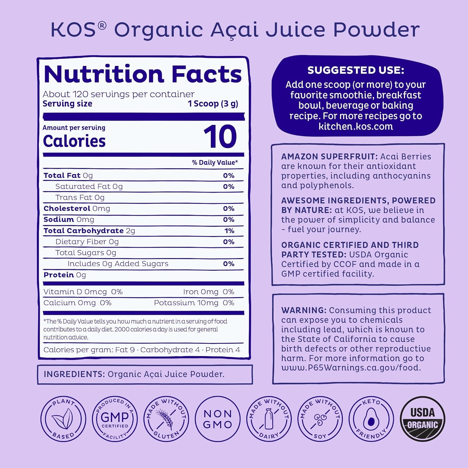 KOS Organic Acai Juice Powder - USDA Certified Organic, Plant Based Superfood Antioxidants, Superberry from Brazil, Great for Smoothies and Bowls, 0g Sugar, Vegan, Gluten-Free, Non-GMO - 120 Servings - Image 2