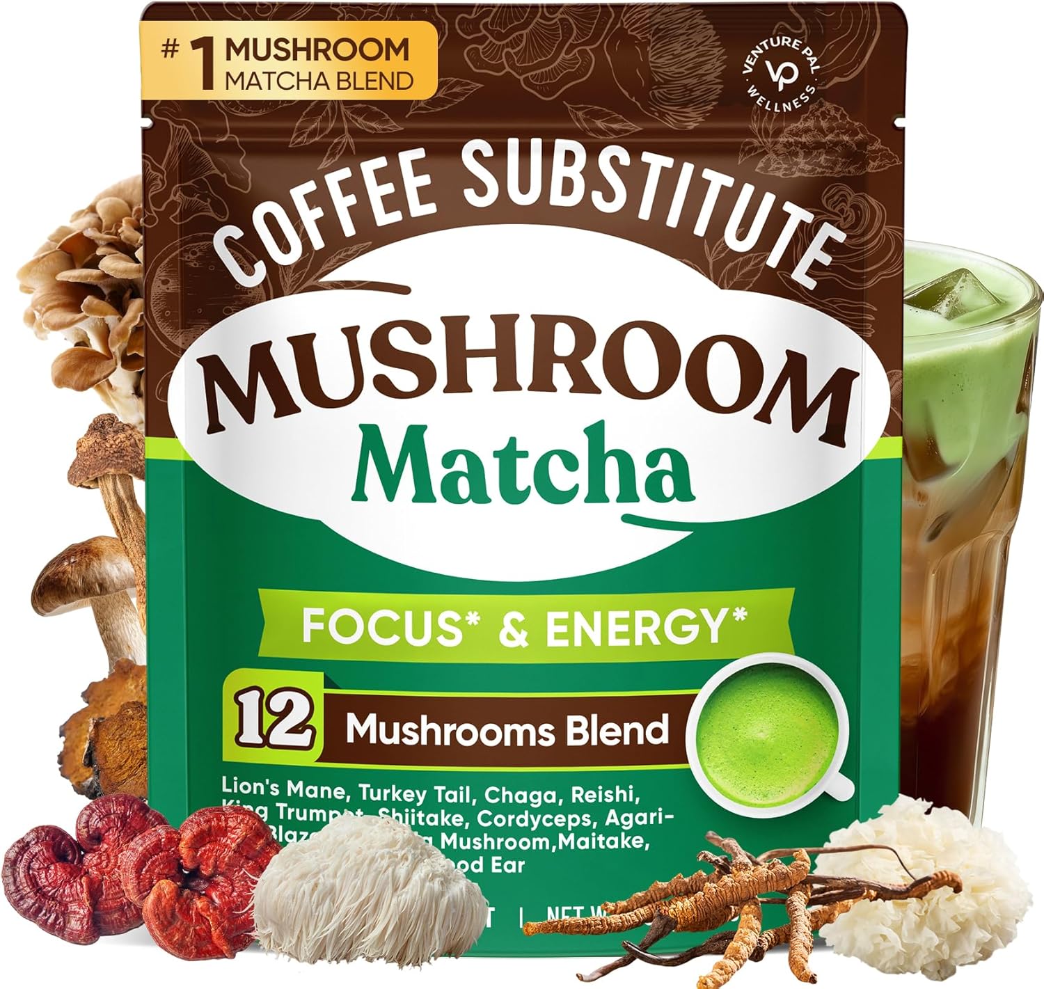 Venture Pal SUPERFOODS Mushroom Matcha Powder – 12 Adaptogenic Mushroom Coffee Alternative L-Theanine, First Harvest Ceremonial Matcha for Focus, Energy,Digestion & Immunity, 30 Servings