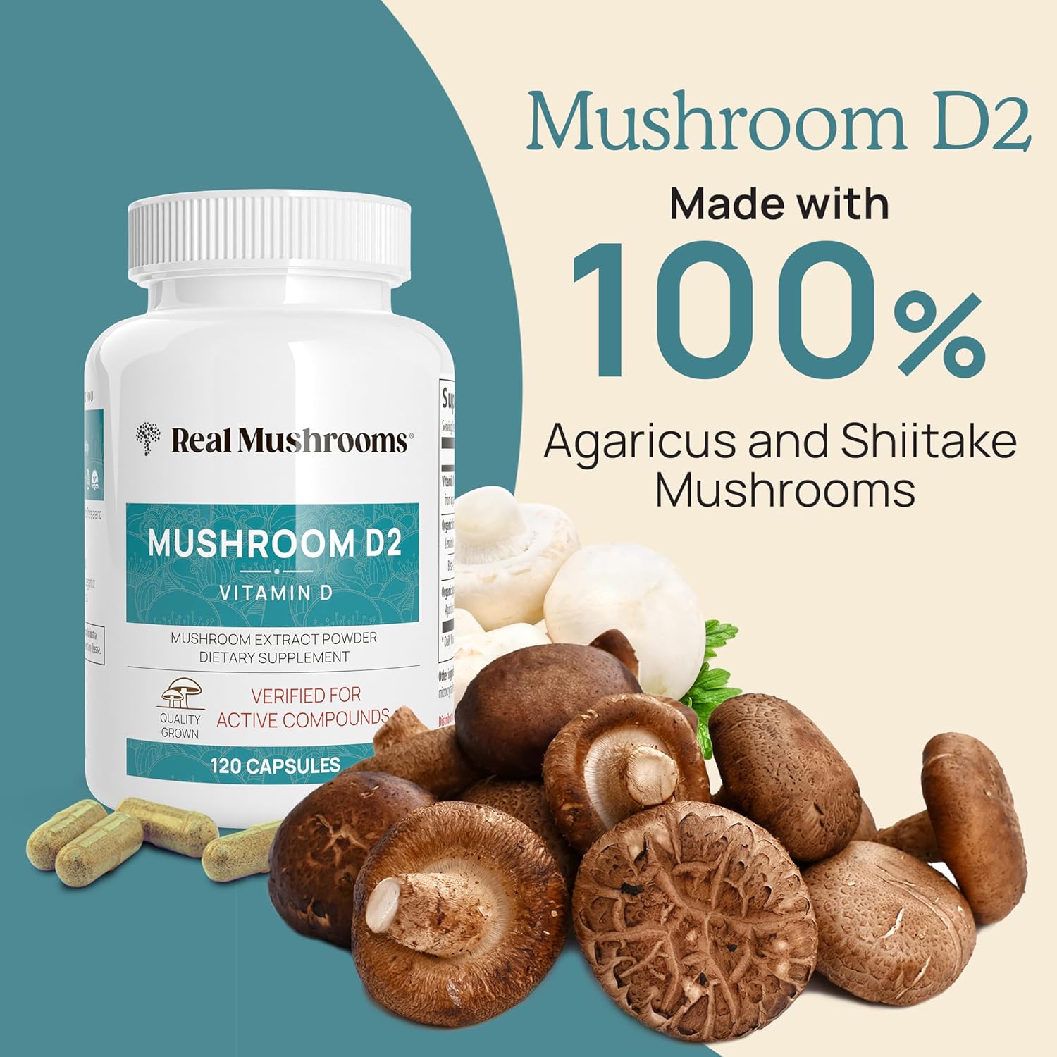 Real Mushrooms Vitamin D2 from Shiitake & Agaricus – Vegan Mushroom-Based D Supplement – Vitamins for Overall Wellness Support– Organic, Non-GMO, 1000 IU – 120 Count Functional Mushroom - Image 3