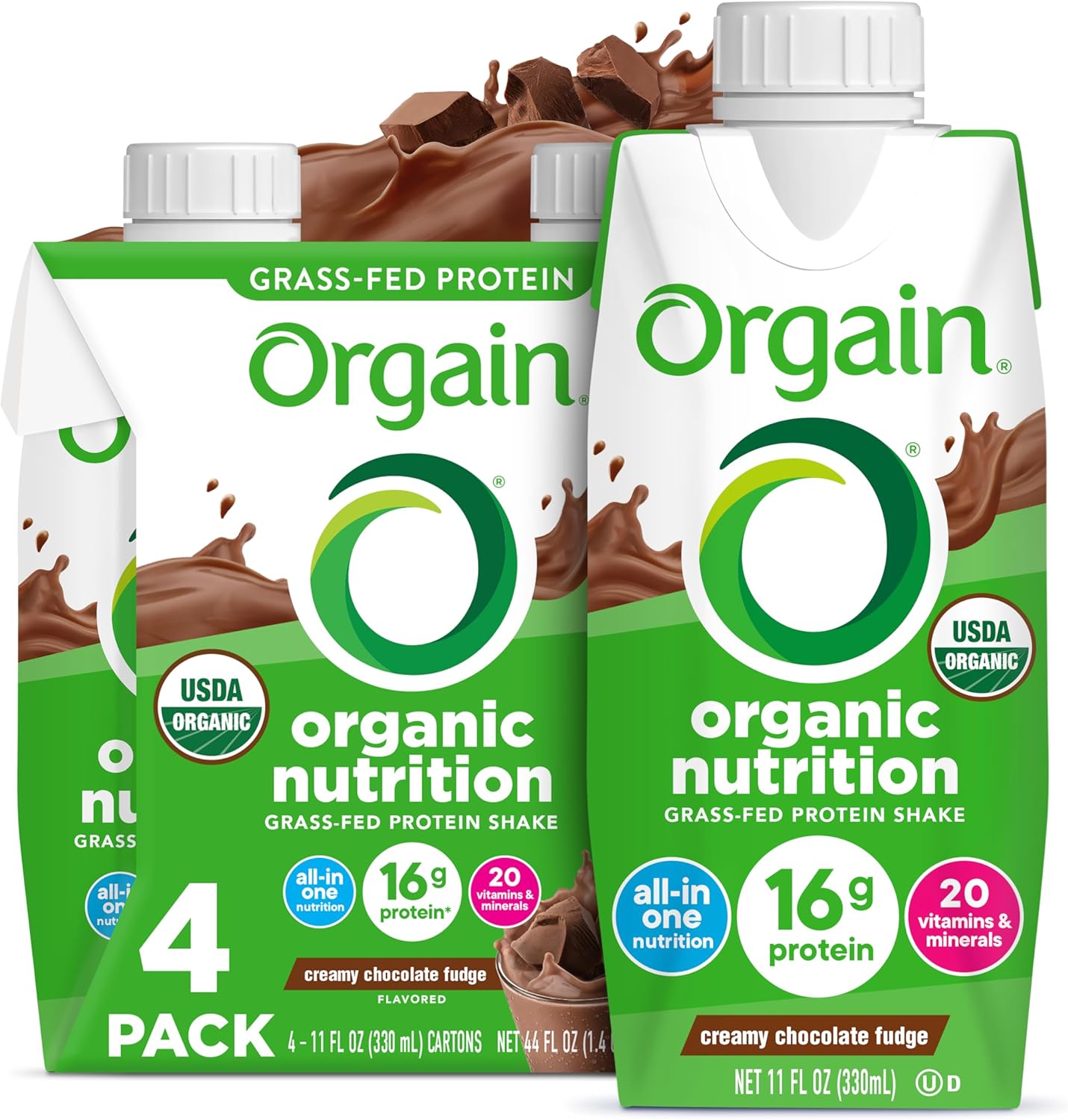 Orgain Organic Nutritional Shake, Creamy Chocolate Fudge - Meal Replacement, 16g Protein, 20 Vitamins & Minerals, Gluten & Soy Free, Kosher, Non-GMO, Packaging May Vary, 11 Fl Oz (Pack of 4)