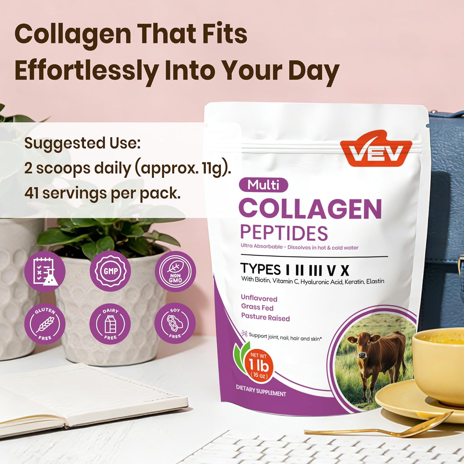 VEV Multi Collagen Peptides Powder, 16 oz (41 Servings) – Type I, II, III, V, X, Hydrolyzed Collagen, Hyaluronic Acid Powder, Biotin, Vitamin C, Supports Skin, Unflavored, Dissolves Easily - Image 7