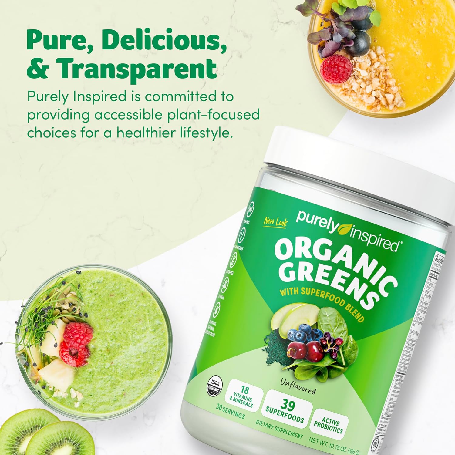 Purely Inspired Organic Greens Powder Superfood Smoothie Mix, Unflavored (30 Servings) - Super Greens with Probiotics, Spirulina & Chlorella for Gut & Digestive Health - Vegan - Image 6
