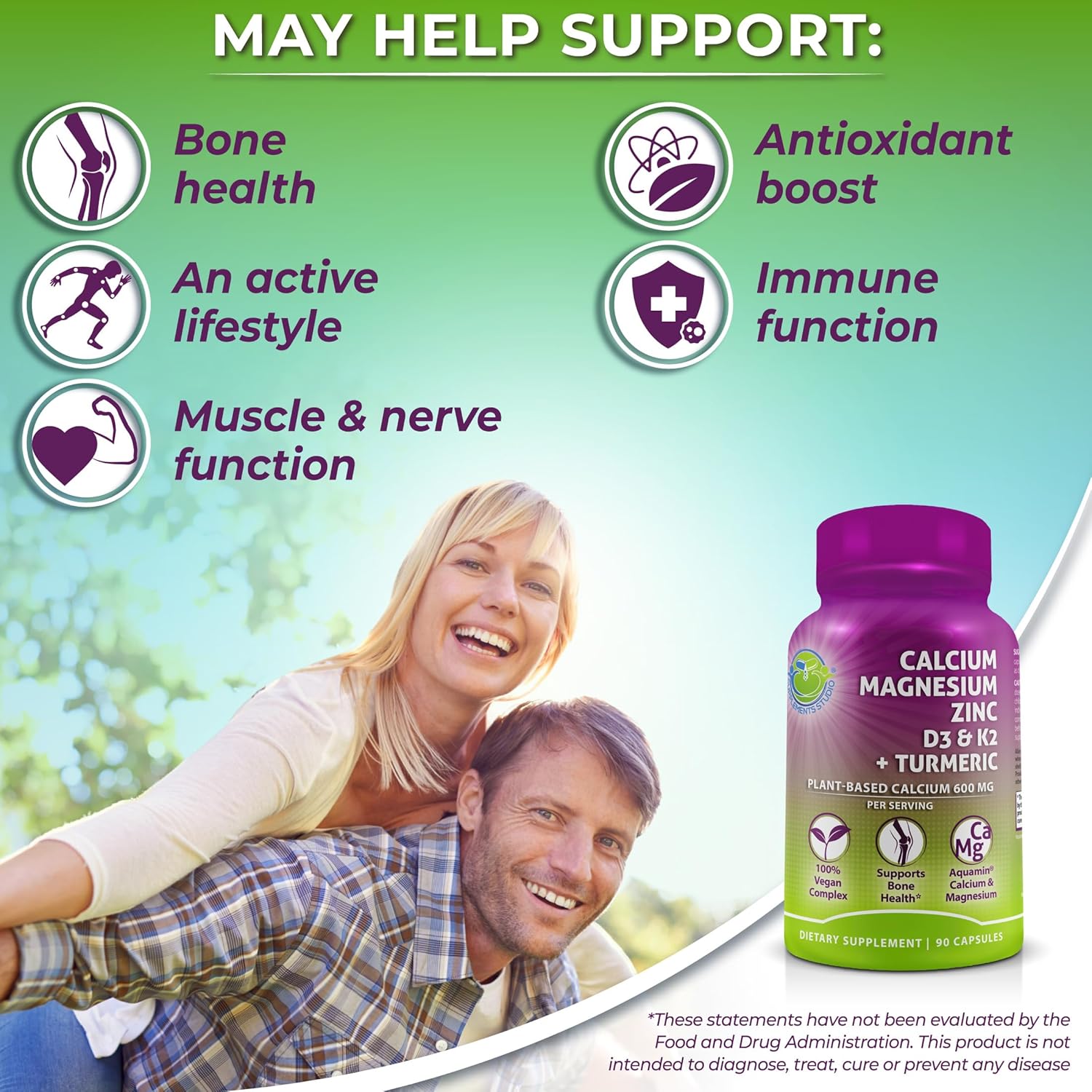 Plant-Based Calcium 600mg (Aquamin) – Vegan Calcium Magnesium Zinc D3 with Vitamin K2 & Organic Turmeric – Enhanced Bone and Muscle Health & Strength, Immune Support for Women & Men - 90 Count - Image 2