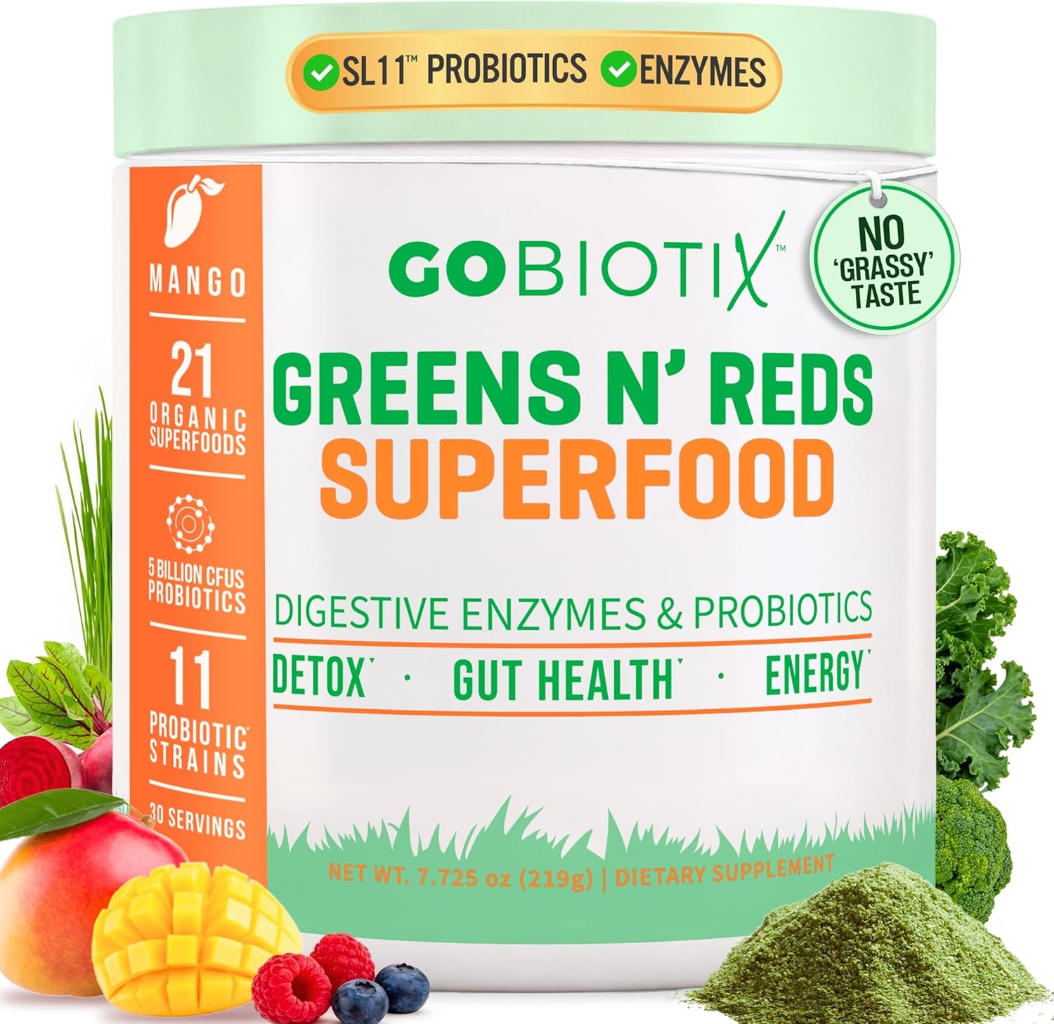GOBIOTIX Super Greens Powder with Organic Spirulina - Superfood Supplement with Fruit Blend, Probiotics and Enzymes for Digestive Health - Vegan, Non-GMO - 30 Servings (Mango - 1 Pack)