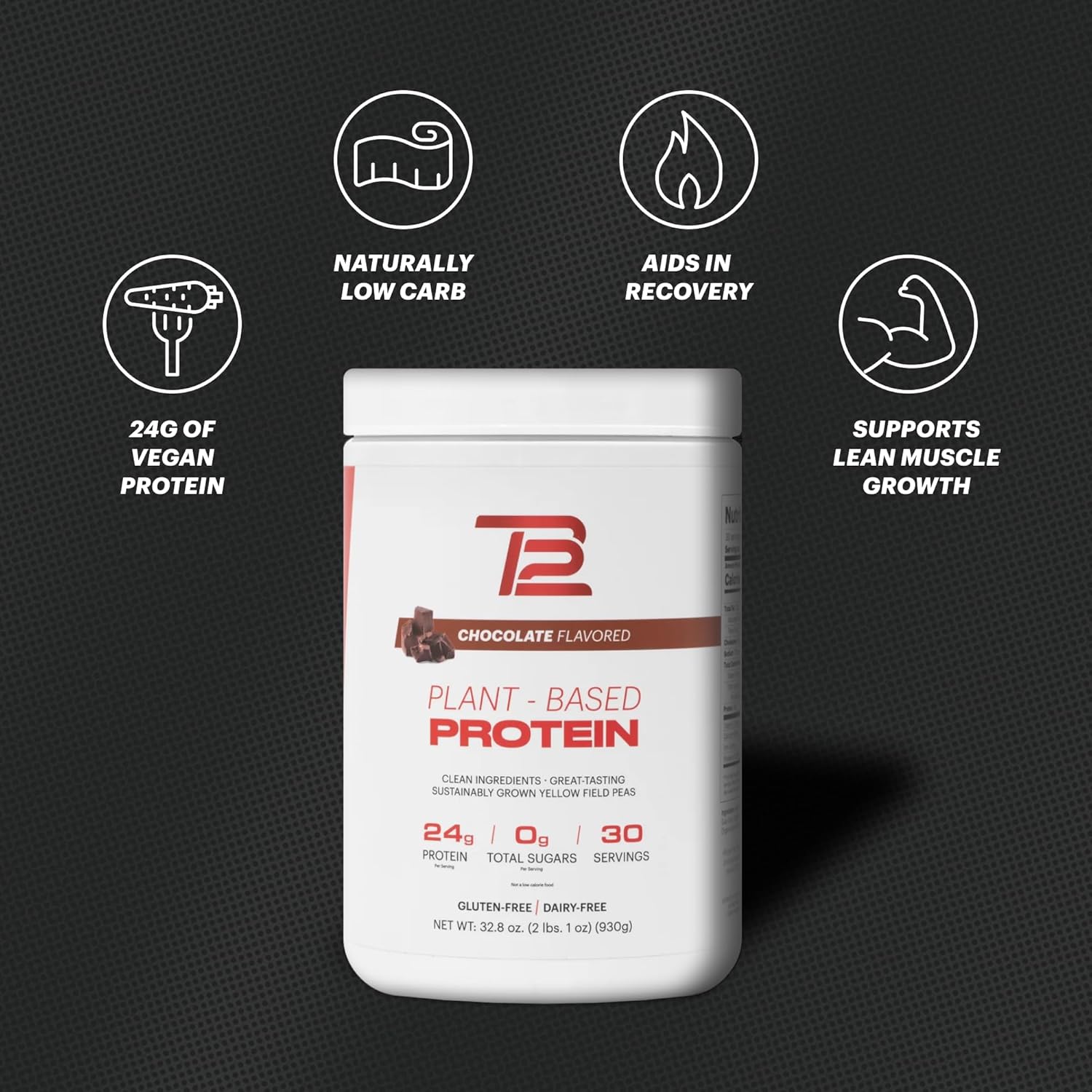 TB12 Plant Based Protein Powder by Tom Brady, 24g of Vegan Pea Protein, Low Sugar, Low Carb, Non-GMO, Meal Replacement, Keto Friendly, Paleo, Sugar Free, Chocolate Flavor (30 Servings/2.25lbs) - Image 4