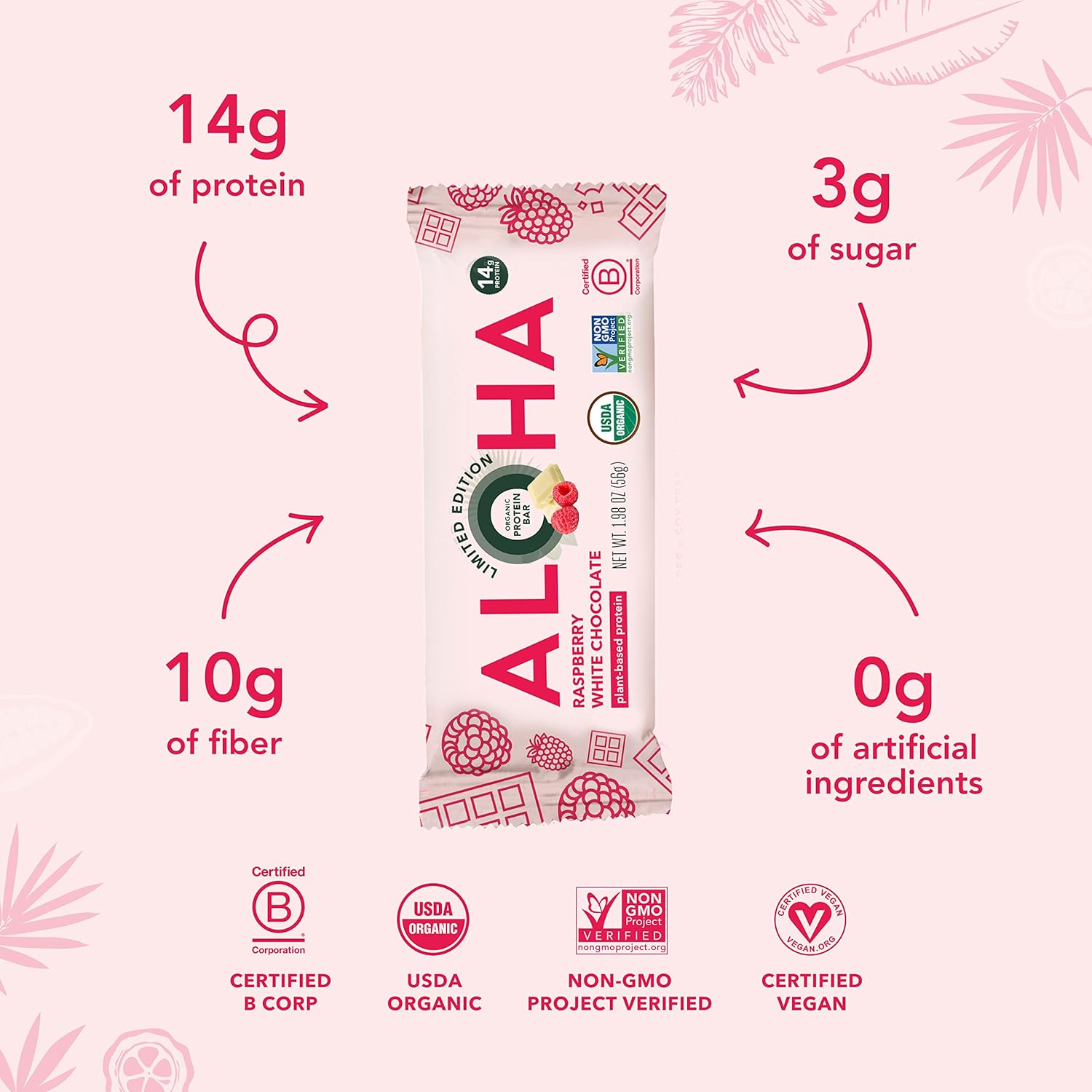 ALOHA Organic Plant Based Protein Bars | Raspberry White Chocolate | 12 Count, 1.98oz Bars | Vegan, Low Sugar, Gluten Free, Paleo, Low Carb, Non-GMO, Stevia Free, Soy Free, No Sugar Alcohol Sweeteners: LIMITED EDITION - Image 3