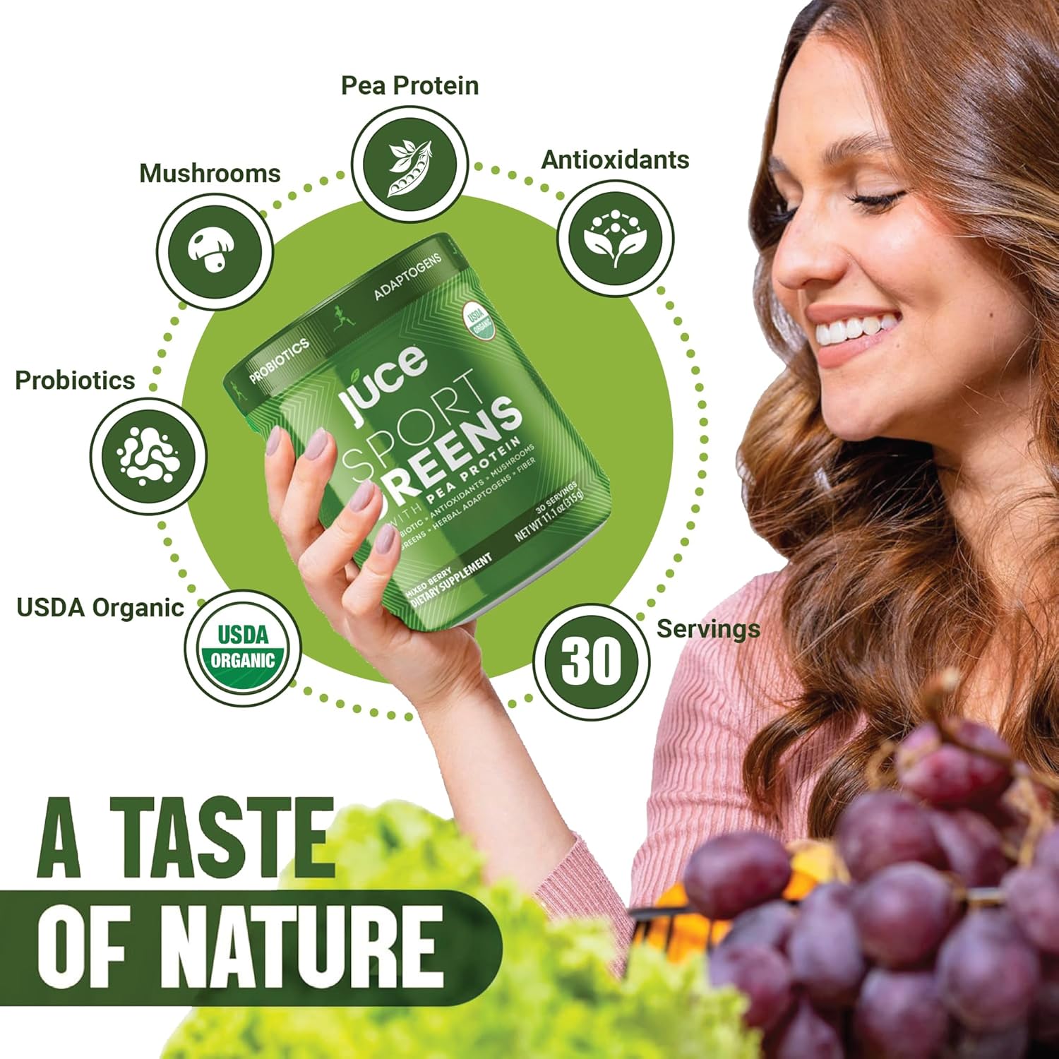 Juce SG7 Sport Greens Powder Supplement | Organic Plant Based Protein | Green Juice Powder | Probiotics | Mushrooms | Mixed Berry Flavor | 30 Servings | By Terra Kai Organics - Image 6