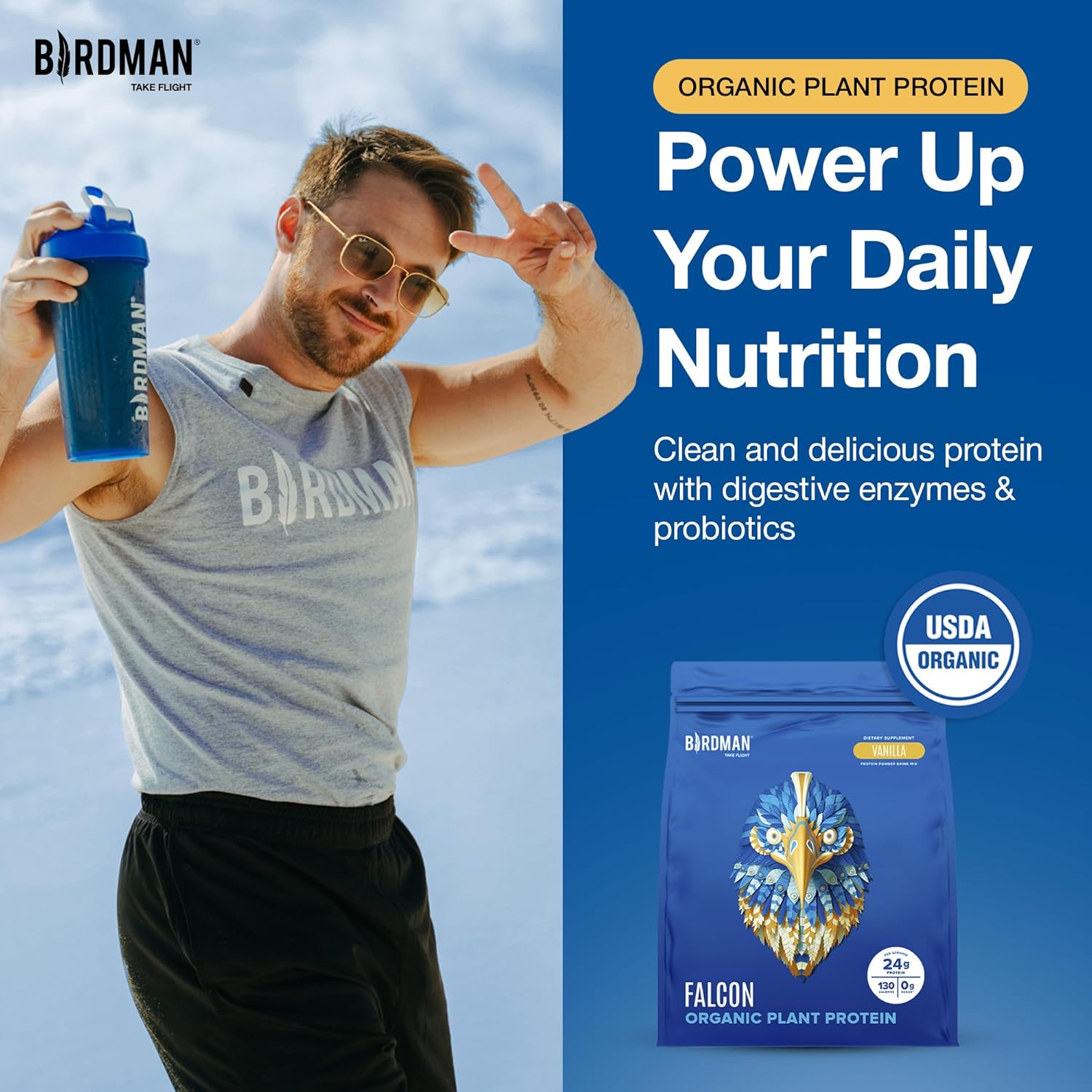 BIRDMAN Falcon Vegan Protein Powder Organic, Stevia & Sugar Free, Plant Based Protein, Low Carb, Dairy Free, Keto, Non Whey Protein, Probiotic, Pea Protein | Vanilla Flavor - 60 Servings - 3.9 lb - Image 2