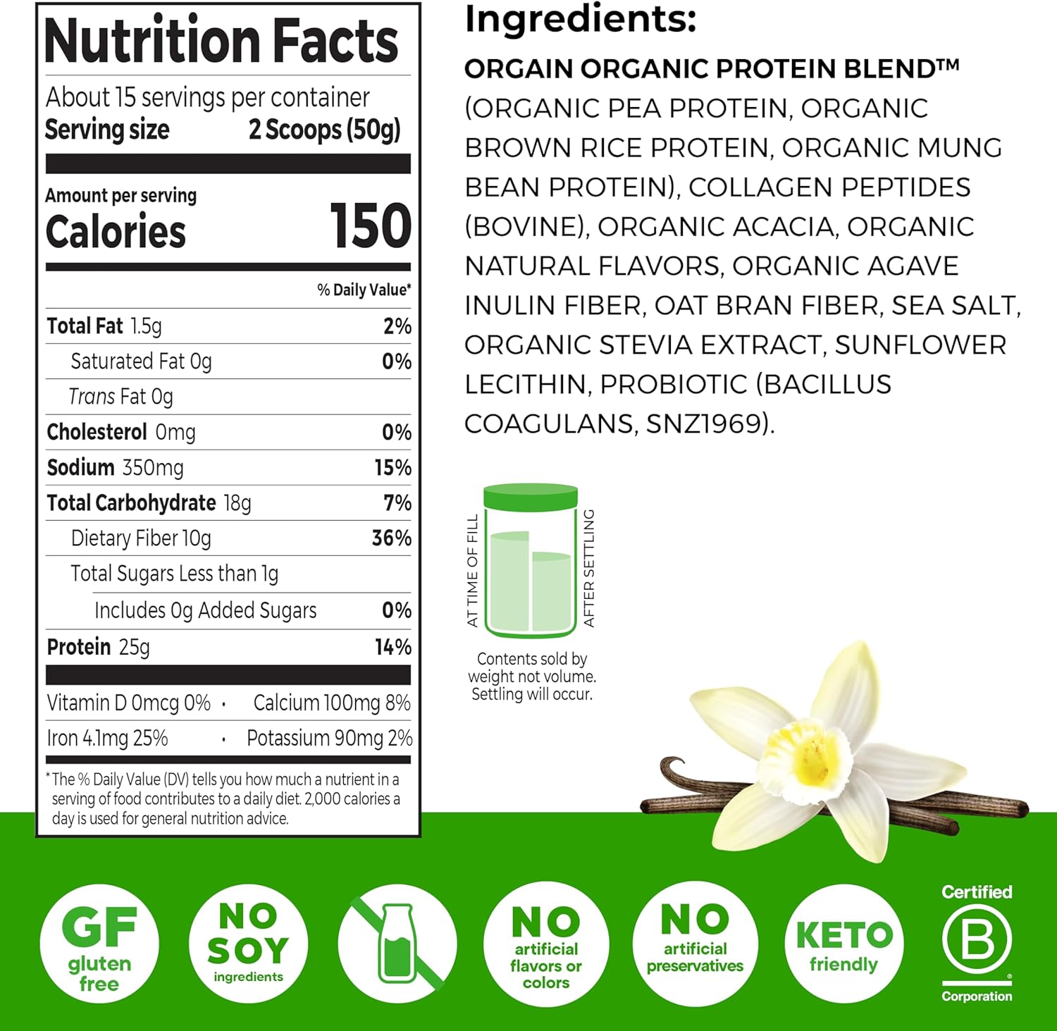 Orgain Protein Powder + Collagen, Vanilla Bean - 25g of Protein, 10g Collagen Peptides, Type I & III, 1B CFU Probiotics, Supports Hair, Skin, Nail, Joint & Gut Health, Gluten Free - 1.6lb - Image 2
