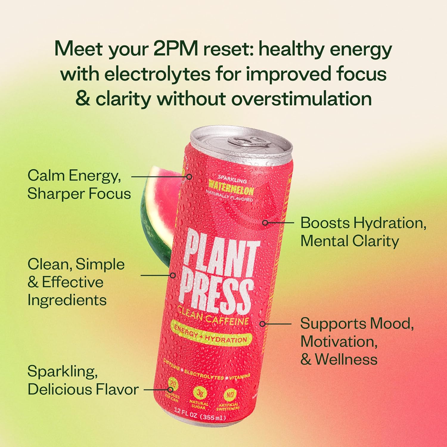 Plant Press - Organic Energy Drink, 100 mg Caffeine Clean Coffee Alternative, Full Range of Vitamins, Electrolytes, No Sugar Alcohols, No Preservatives (12 Fl Oz (Pack of 12), Watermelon) - Image 2