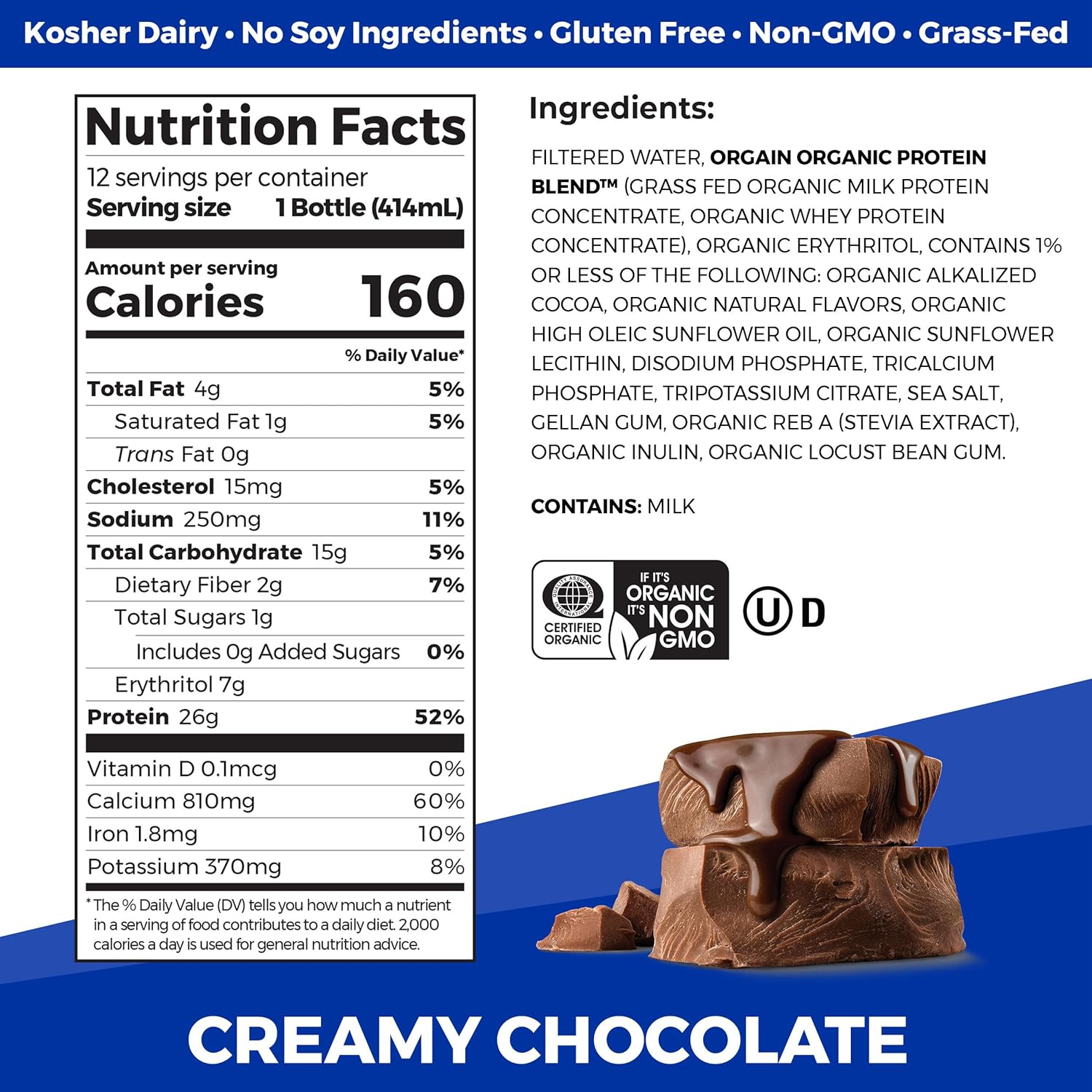 Orgain Organic Protein Shake, Grass Fed Dairy, Creamy Chocolate - 26g High Protein Whey Shake, Ready to Drink, Gluten Free, No Soy Ingredients, No Sugar Added, 14 Fl Oz (Pack of 12) - Image 2