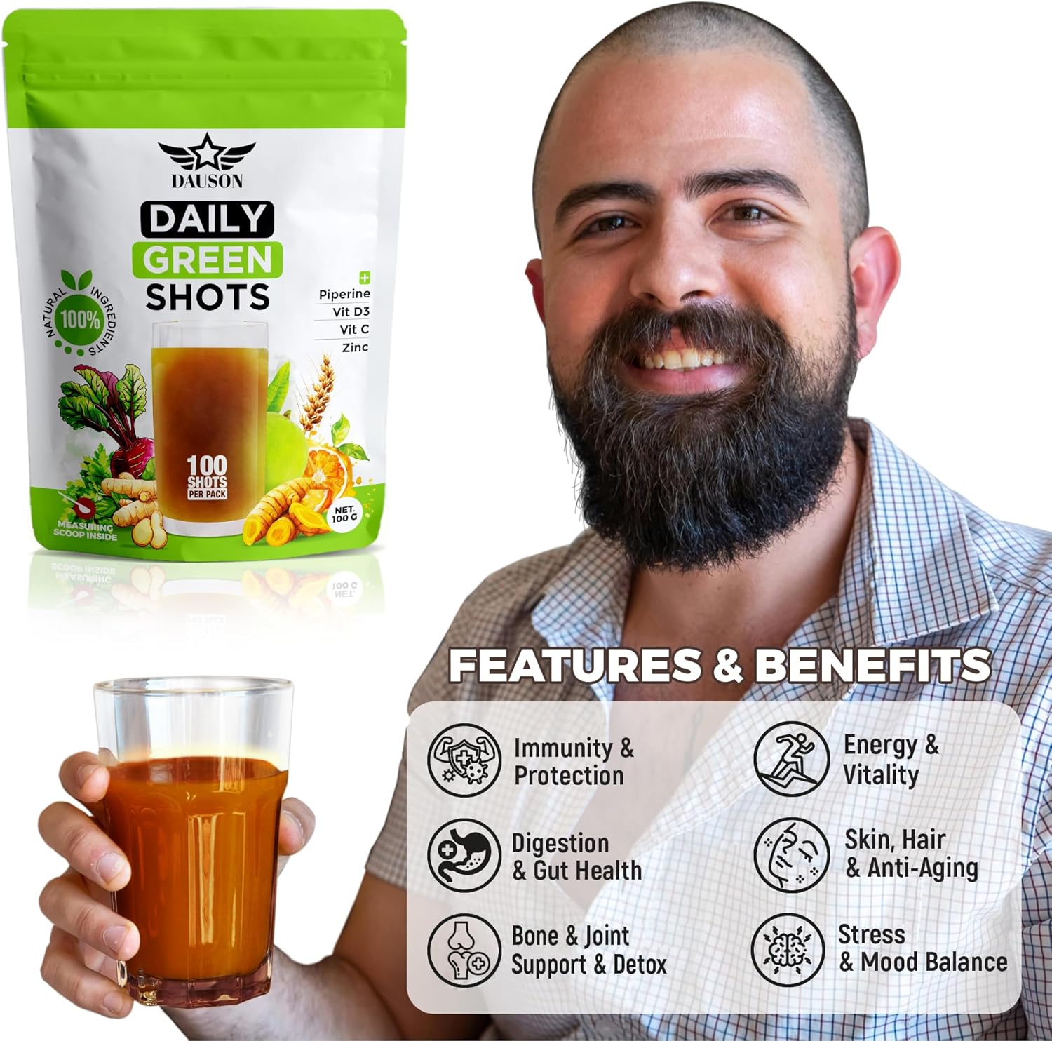 Daily Green Shots – 100 Shots of Superfood Powder with Wheatgrass, Matcha, Beetroot, Ashwagandha, Turmeric & Prebiotics – Immunity & Energy Support – Vegan Greens Supplement - Image 2
