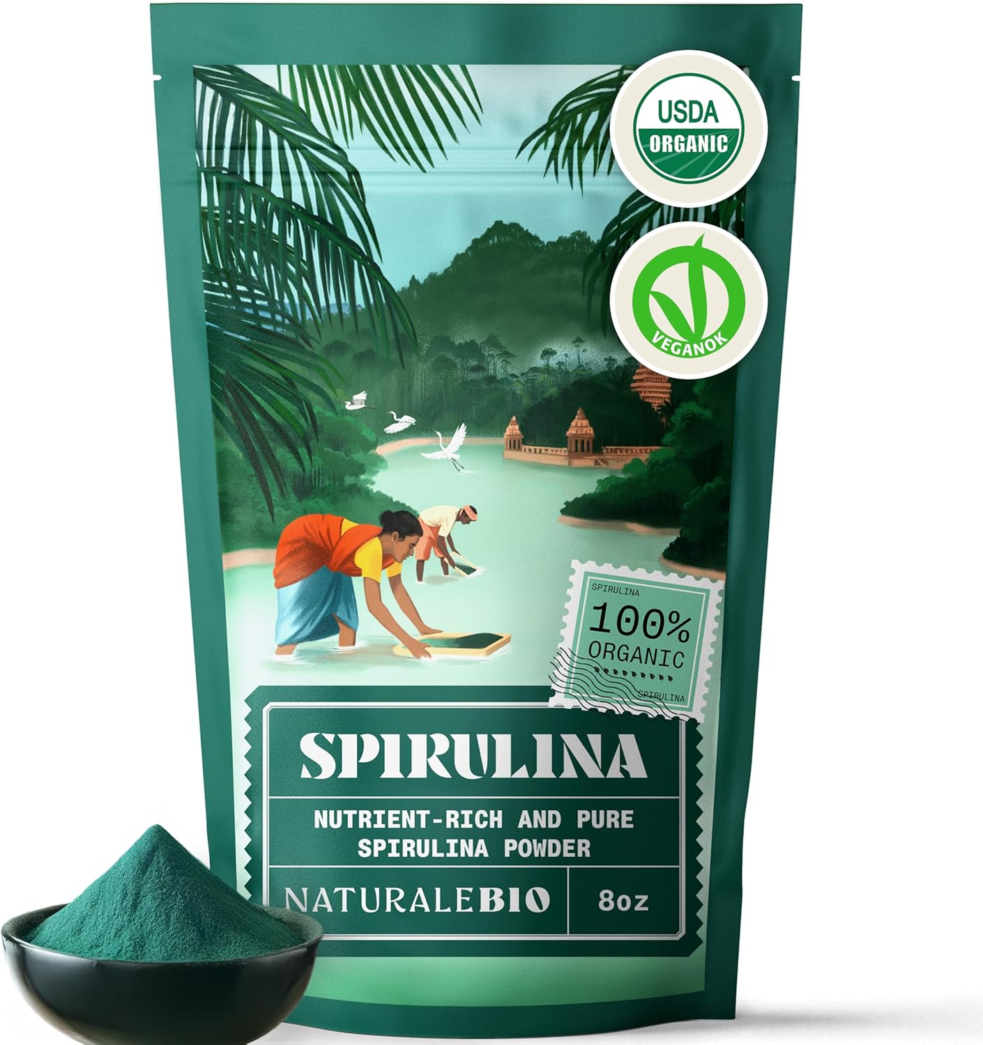 NaturaleBio Spirulina Powder Organic 8 oz. Natural and Raw Spirulina Algae Powder. Vegan and Pure. Cultivated in India in Tamil Nadu. Ideal for Drinks, Smoothies and Recipes.