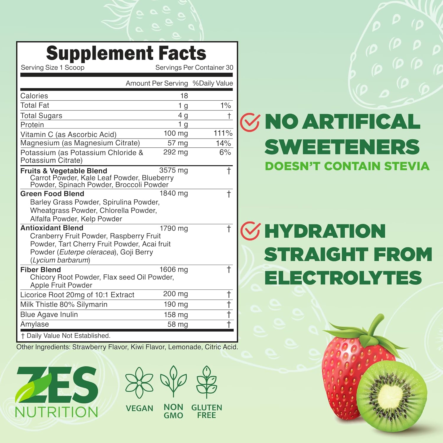 Greens + Electrolytes, Kiwi Strawberry Flavor, Vegan, Non-GMO, Green Powder, Daily Green Boost, Vegetable Powder Supplement, Organic Electrolytes, Recovery & Support, Smoothie Mix - Image 3