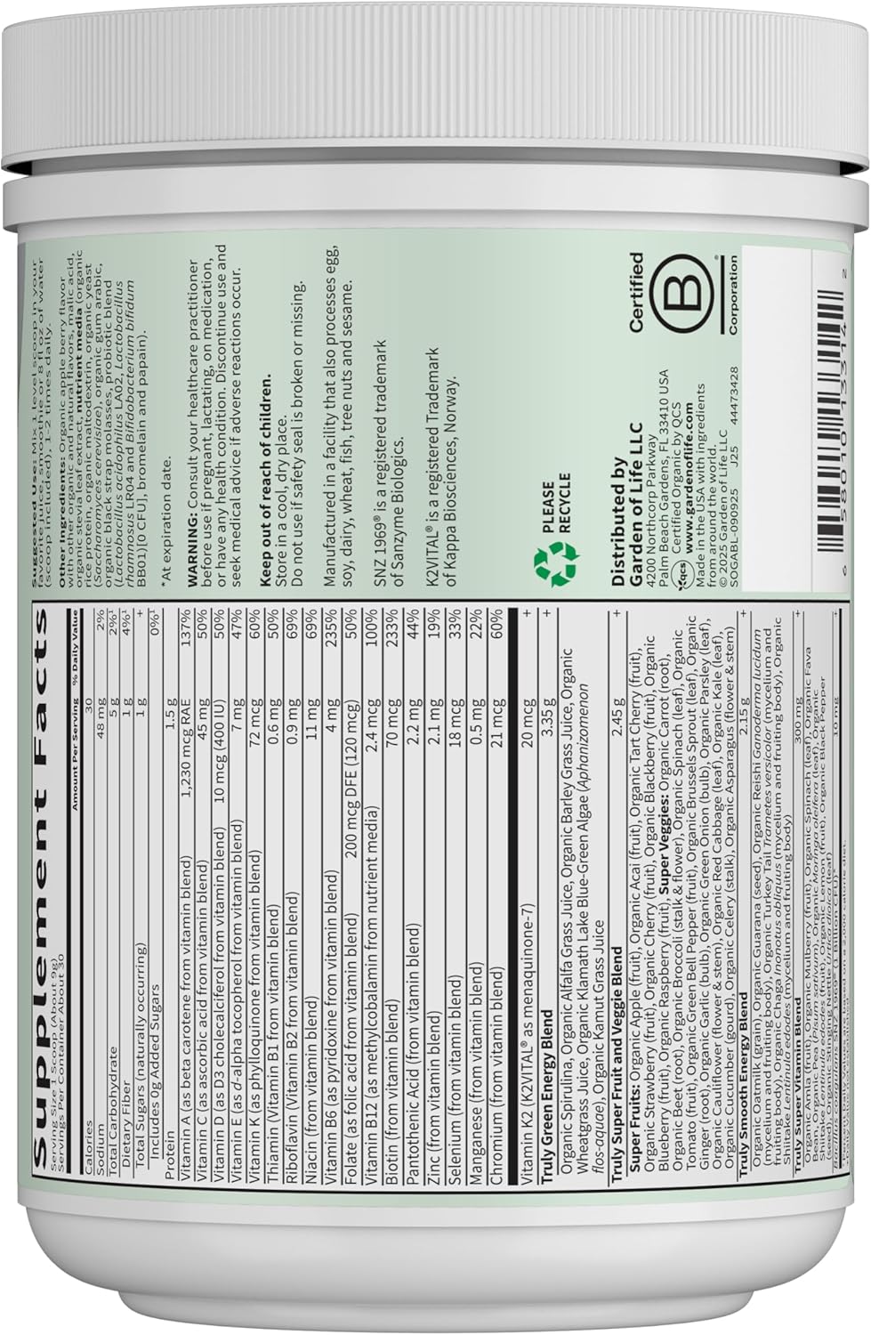 Garden of Life Sport Nutrition Greens and Superfoods Powder for Women and Men - Apple Berry, Organic Blend - Spirulina, Fruit, Vitamins, Pre & Probiotics, Mushrooms, Athletic Supplements, 30 Servings - Image 8