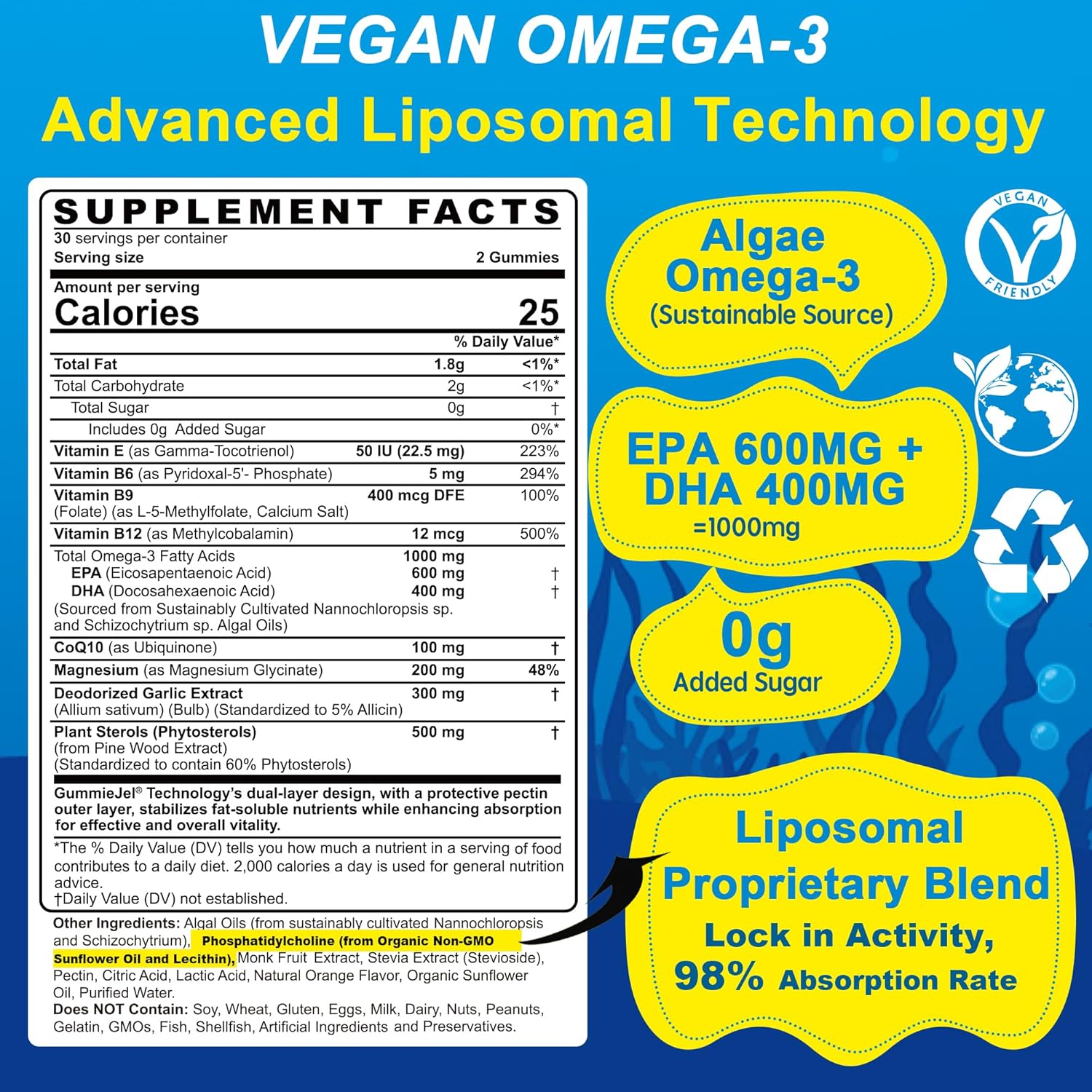 Vegan Omega-3 Gummies 1000mg +CoQ10+Magnesium- EPA 600mg & DHA 400mg, Fish Oil Omega 3 Supplements Alternative for Women Men Adults- Liposomal Form -Algae- Plant Sterols, Garlic,B6,B9, B12, Sugar Free - Image 2