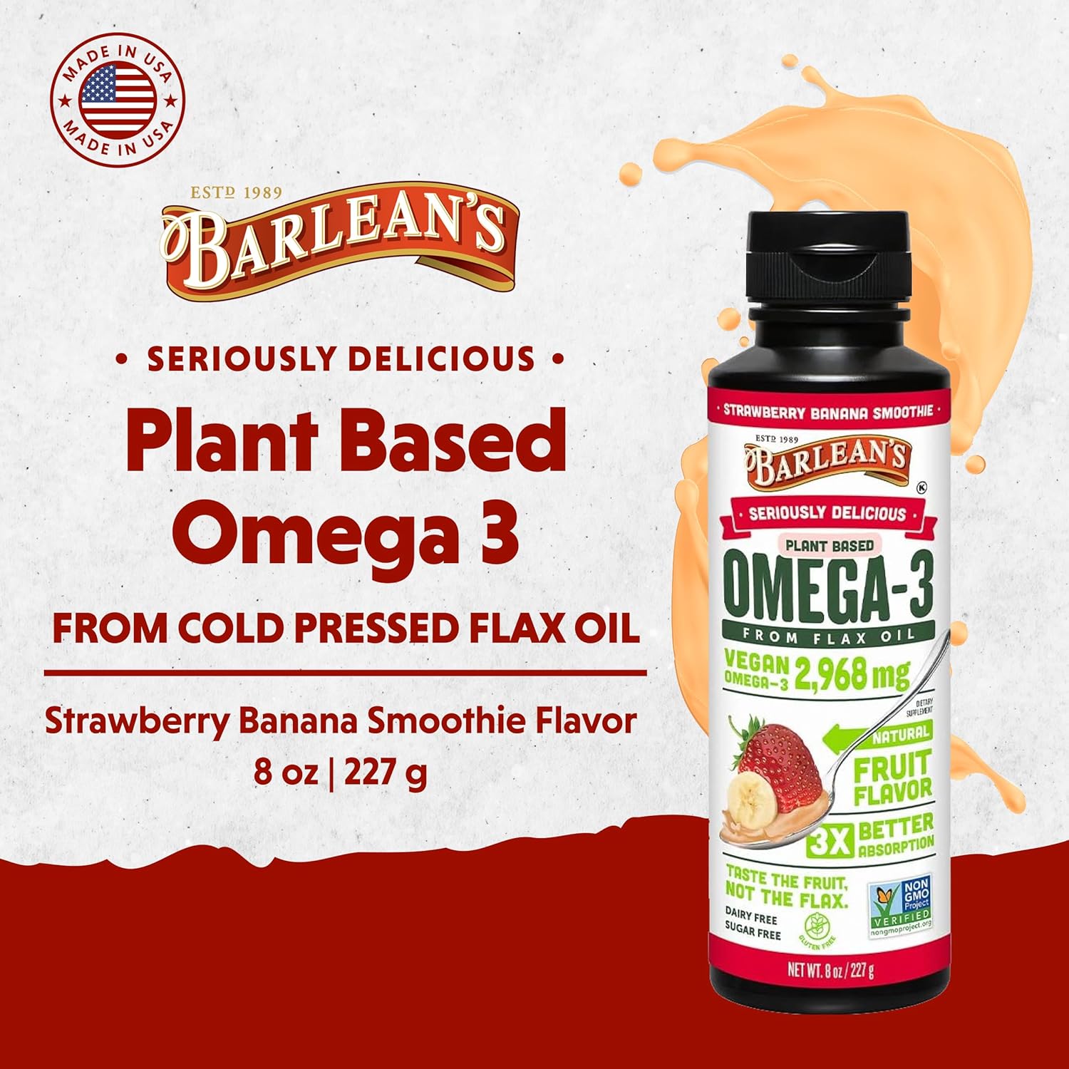 Barlean's Vegan Omega 3 6 9 Flaxseed Oil Liquid Supplement, Strawberry Banana Smoothie, Flax Seeds Oil with 2,968 mg ALA Fatty Acid, Non-GMO and Gluten Free, 16 oz - Image 2