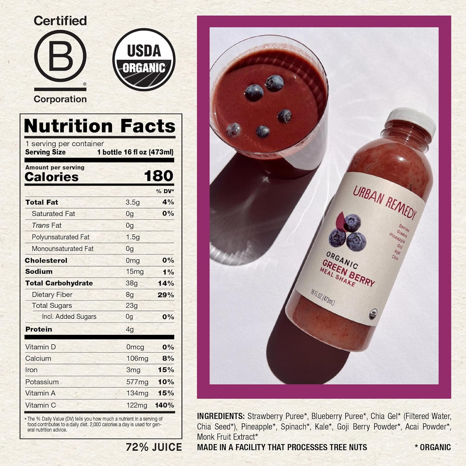 Urban Remedy Organic Green Berry Meal Replacement Shake, 16 fl oz, Superfood Blend with Goji Berries, Blueberries, Kale & Spinach, Plant-Based, Gluten-Free, Non-GMO, Ready-to-Drink, On-the-Go Beverage - Image 2