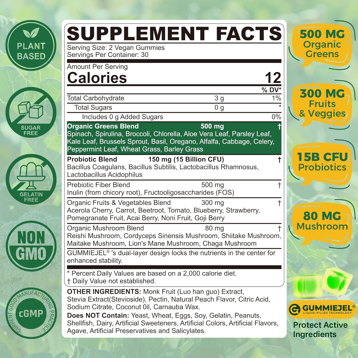 Organic Super Greens Daily Gummies + Probiotics, Spirulina, Chlorella, Spinach, Broccoli, Fiber, Fruits Veggies, Mushroom - Greens Powder Superfood Alternative, Natural Energy, Sugar Free Vegan, 60Cts - Image 2