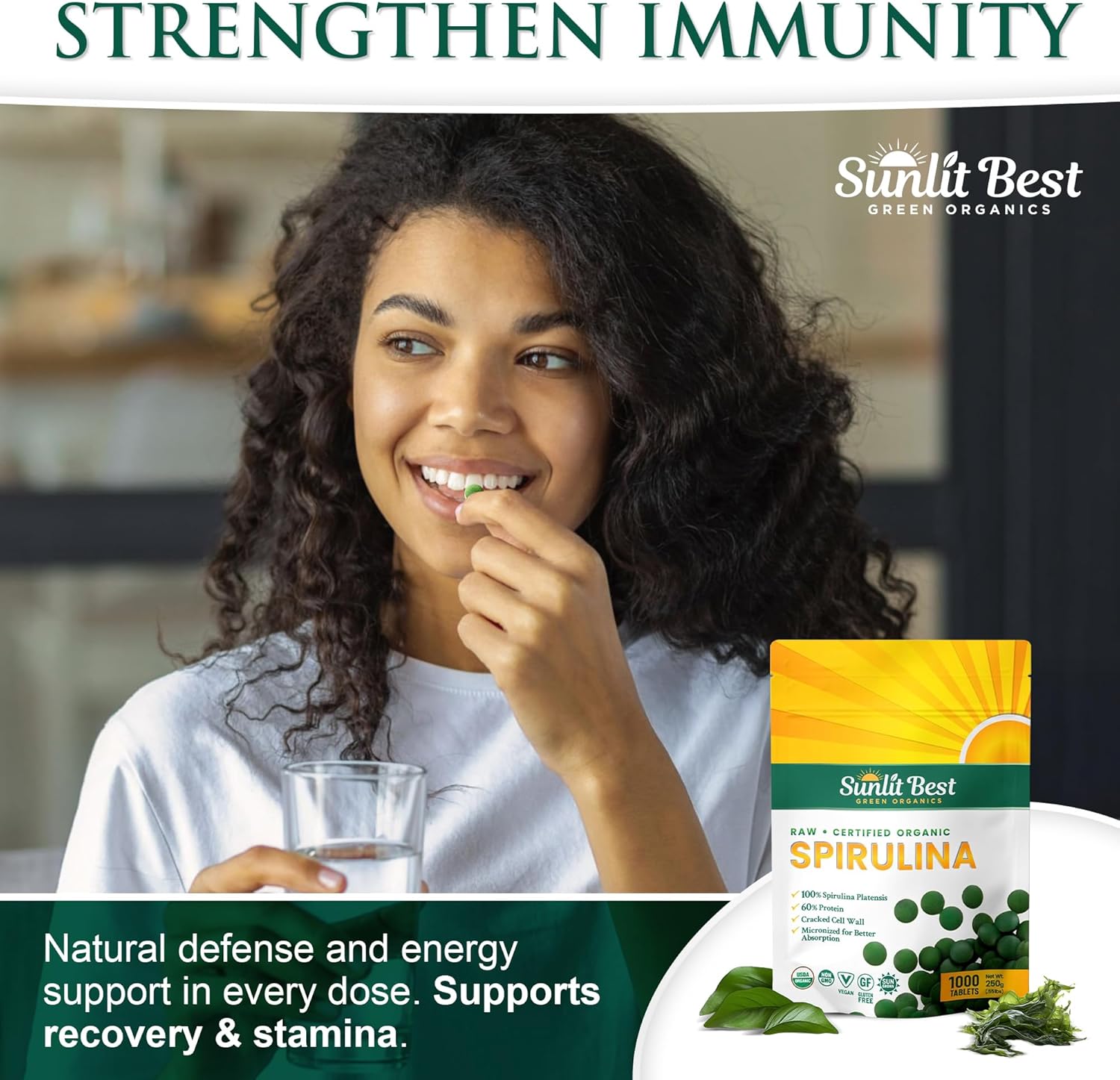 Sunlit Best - USDA Organic Spirulina Tablet - Natural Super Greens Supplements for Immune Support, Gut Health & Boost Energy Tablets with Chlorophyll, Vegan & High Protein Non GMO, 1000 Superfood Tabs - Image 5