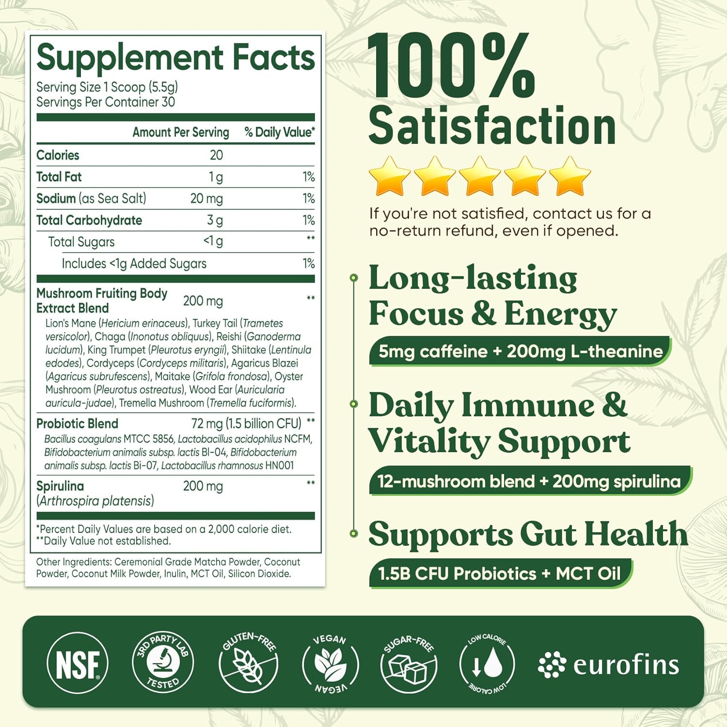 Venture Pal SUPERFOODS Mushroom Matcha Powder – 12 Adaptogenic Mushroom Coffee Alternative L-Theanine, First Harvest Ceremonial Matcha for Focus, Energy,Digestion & Immunity, 30 Servings - Image 8