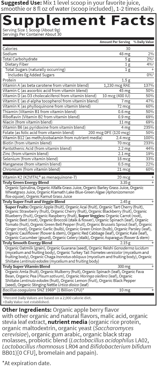 Garden of Life Sport Nutrition Greens and Superfoods Powder for Women and Men - Apple Berry, Organic Blend - Spirulina, Fruit, Vitamins, Pre & Probiotics, Mushrooms, Athletic Supplements, 30 Servings - Image 6