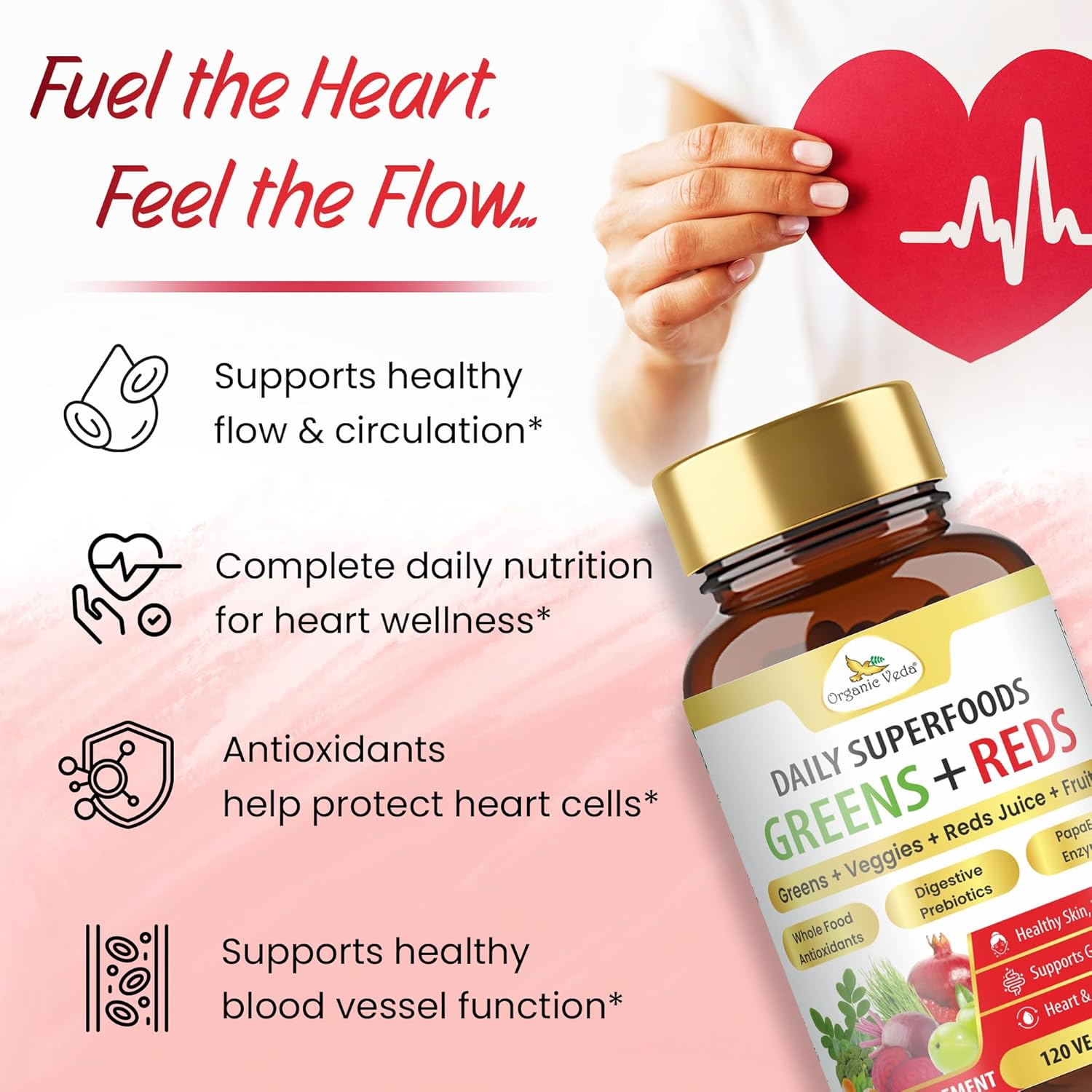 Organic Veda Super Greens & Reds Capsules - Organic Superfoods, Daily Greens, Red Juice, Fruits & Vegetables Supplement - Papaya Enzymes, Digestive Herbs, Bromelain, Antioxidants - 120 Veggie Capsules - Image 6