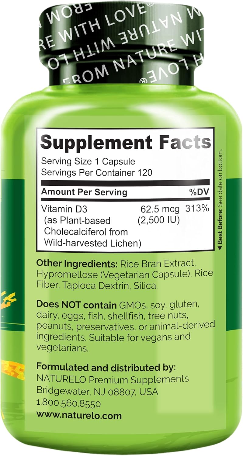 NATURELO Vitamin D - 2500 IU - Plant Based from Lichen - Natural D3 Supplement for Immune System, Bone Support, Joint Health - Vegan - Non-GMO - Gluten Free - 120 Capsules - Image 6