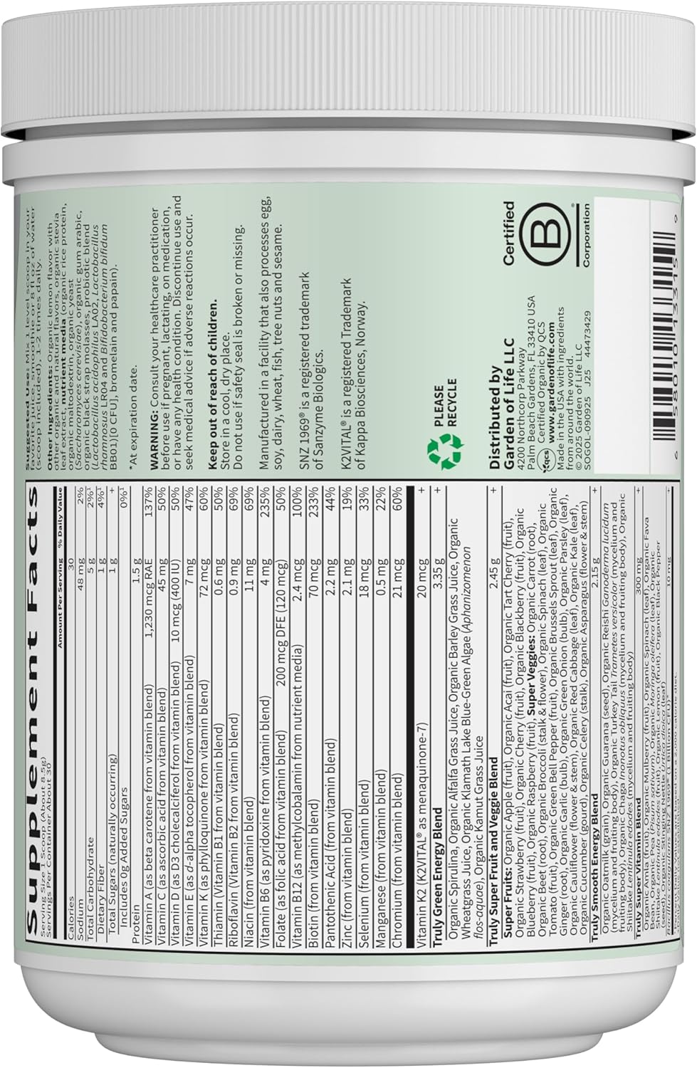 Garden of Life Sport Nutrition Greens and Superfoods Powder for Women and Men - Unflavored, Organic Blend - Spirulina, Fruit, Vitamins, Pre & Probiotics, Mushrooms, Athletic Supplements, 30 Servings - Image 8