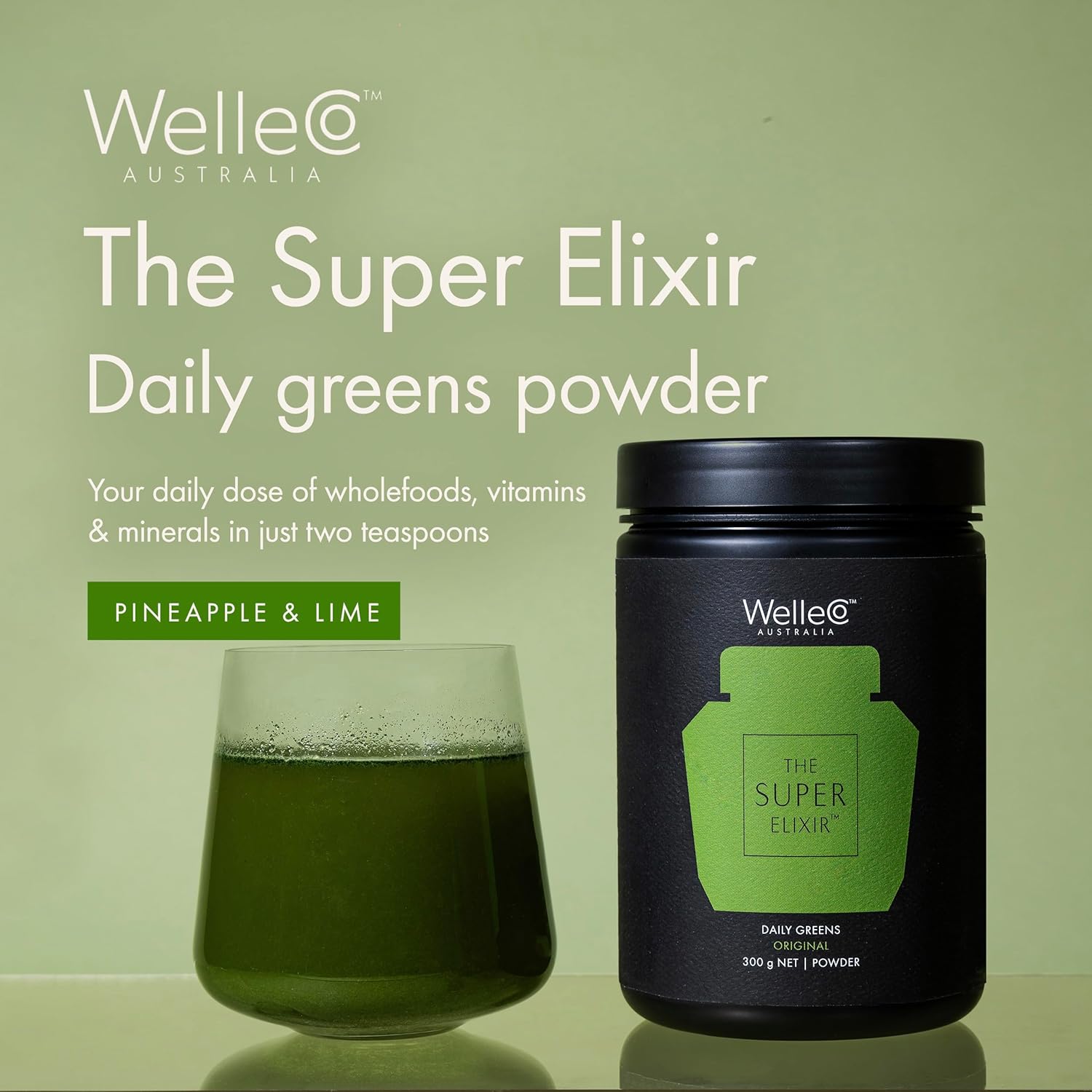 WelleCo The Super Elixir Daily Greens Powder, Probiotic Drink Mix with Whole Foods, Gluten Free, Vegan Gut Health Powder, Energy, Immunity, Healthy Skin, Hair & Nails (Jar, Pineapple & Lime Jar) - Image 2