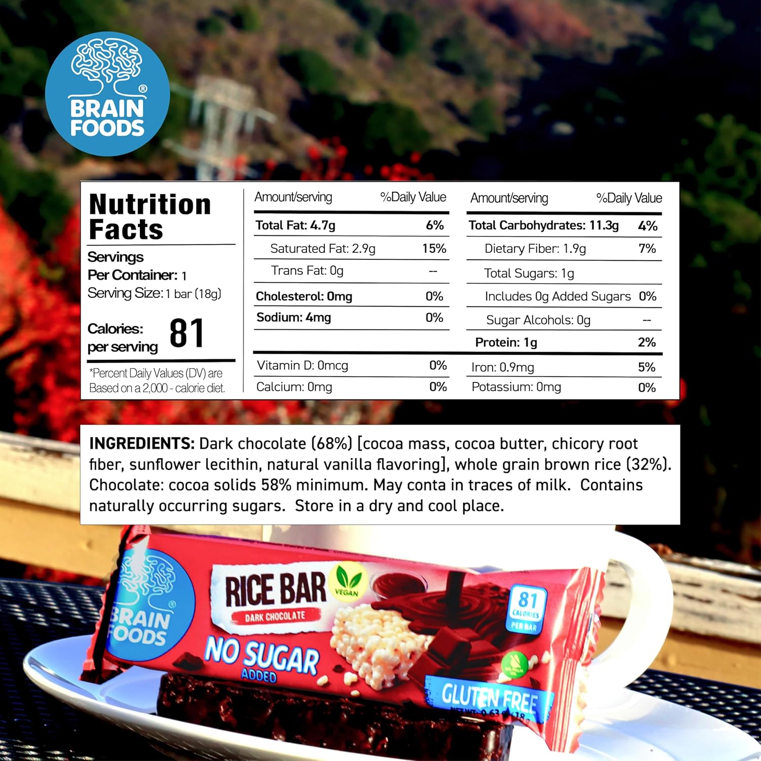 BRAIN FOODS Rice Bar - Gluten Free, Vegan, No Sugar Added, No Palm Oil, .63 oz, 81 Calories, (20 Bars) (Dark Chocolate) - Image 2