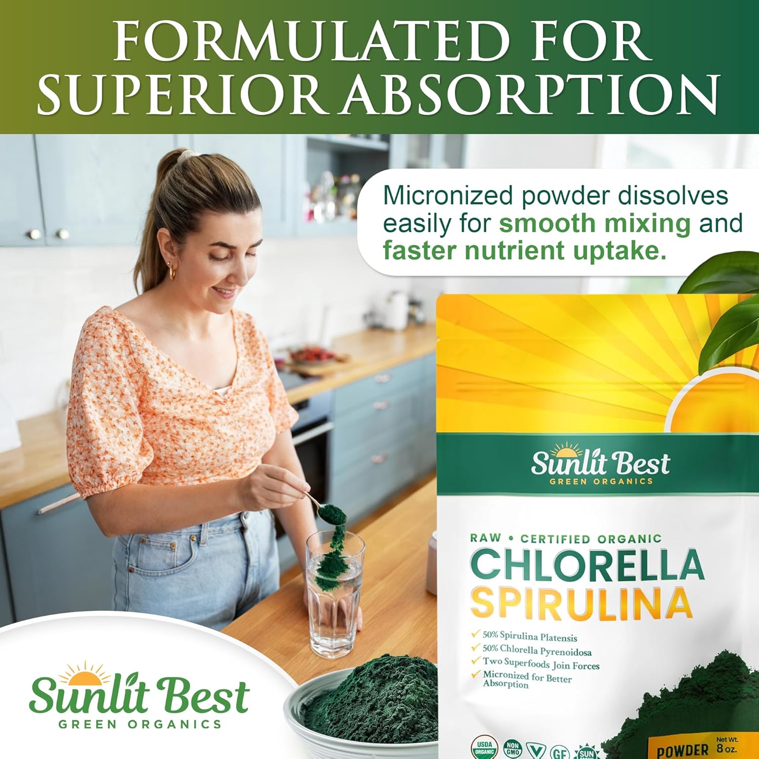 Sunlit Best USDA Organic Chlorella Spirulina Powder - 100% Raw & Vegan Source of Protein & Chlorophyll | Non GMO & Gluten Free Superfood Energy Drink | Gut Health & Immune Support Supplement, 8 oz - Image 6