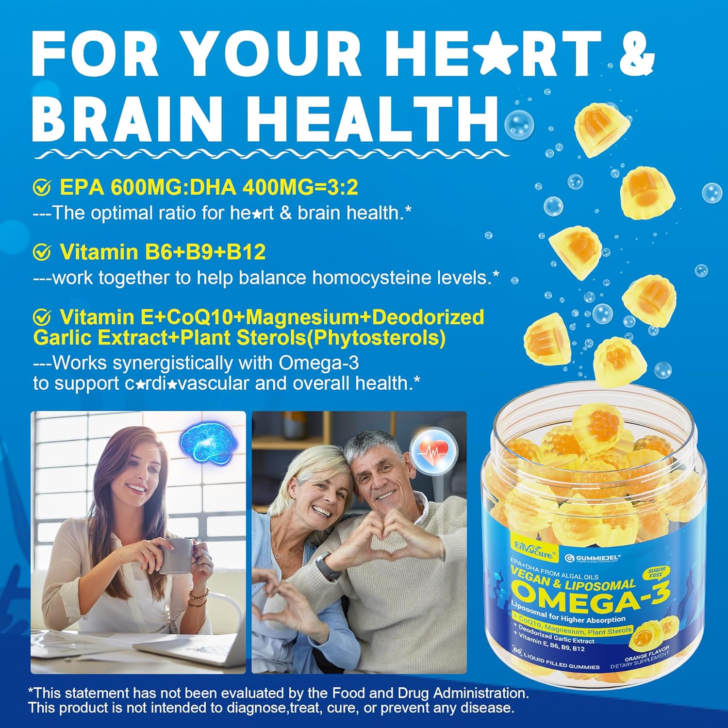 Vegan Omega-3 Gummies 1000mg +CoQ10+Magnesium- EPA 600mg & DHA 400mg, Fish Oil Omega 3 Supplements Alternative for Women Men Adults- Liposomal Form -Algae- Plant Sterols, Garlic,B6,B9, B12, Sugar Free - Image 5