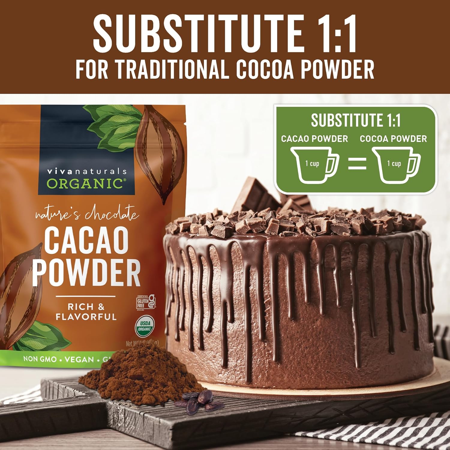 Organic Cacao Powder, Unsweetened, 1 lb (454 g) – Rich Dark Chocolate Flavor, Perfect for Baking, Smoothies & Hot Chocolate – Vegan, Keto, Paleo, Non-GMO & Gluten-Free Cocoa Powder - Image 6