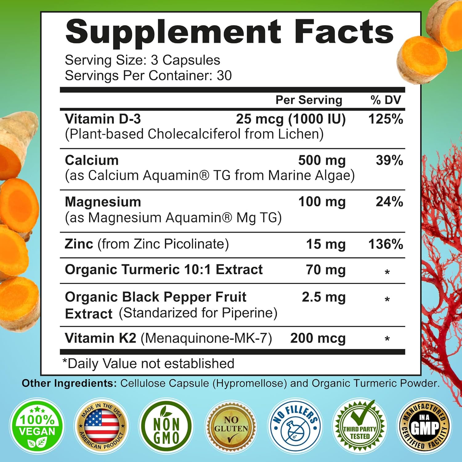 Plant-Based Calcium 500mg (Aquamin) – Vegan Calcium Magnesium Zinc D3 with Vitamin K2 & Organic Turmeric – Enhanced Bone and Muscle Health & Strength, Immune Support for Women & Men - 90 Count - Image 6