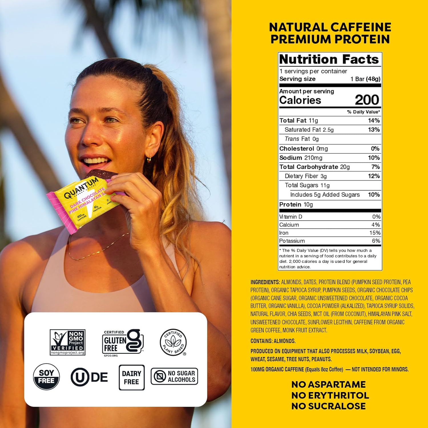 Quantum Energy Square: Energy Bar with Caffeine & 10g Protein. Delicious Healthy Snack On The Go. (Vegan, Gluten-free, Soy-free, Dairy-free) (Dark Chocolate Pink Himalayan Salt) - Image 2