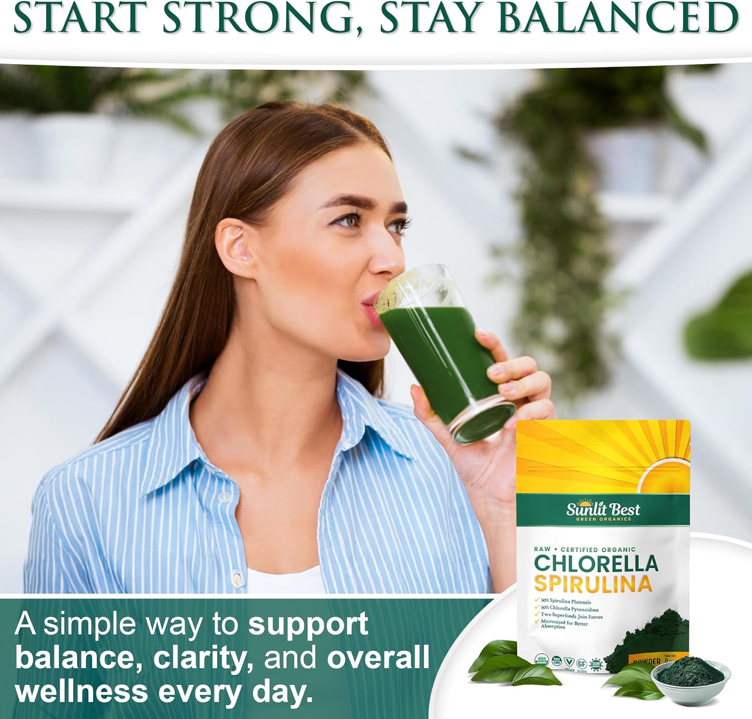 Sunlit Best USDA Organic Chlorella Spirulina Powder - 100% Raw & Vegan Source of Protein & Chlorophyll | Non GMO & Gluten Free Superfood Energy Drink | Gut Health & Immune Support Supplement, 8 oz - Image 5