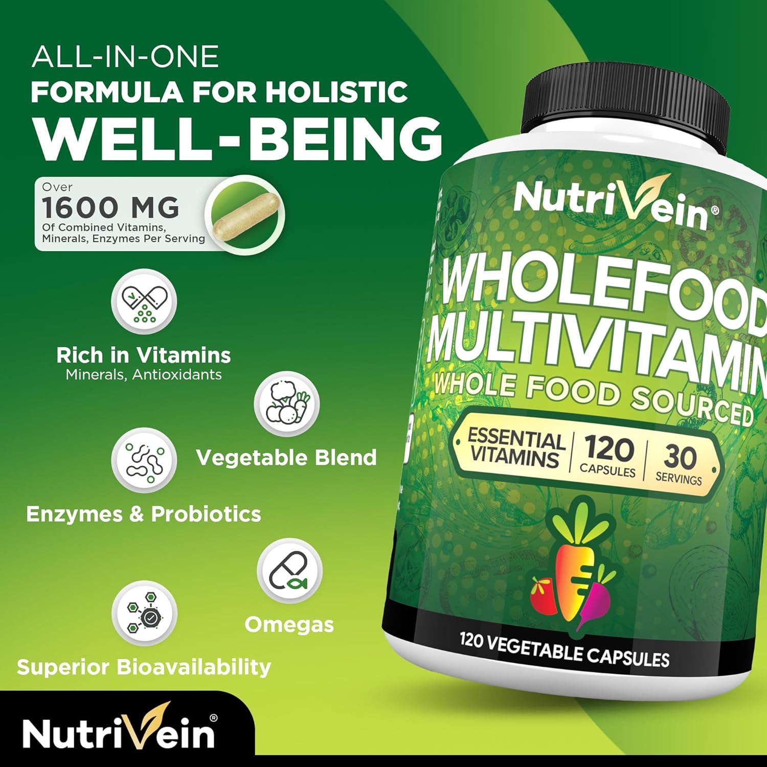Nutrivein Whole Food Multivitamin for Men & Women – 120 Vegan Multivitamin Caps for Adults – Daily Energy, Immune & Heart Support – Raw Fruit & Veggie Blend + B Vitamins - Not Intended for Kids - Image 3