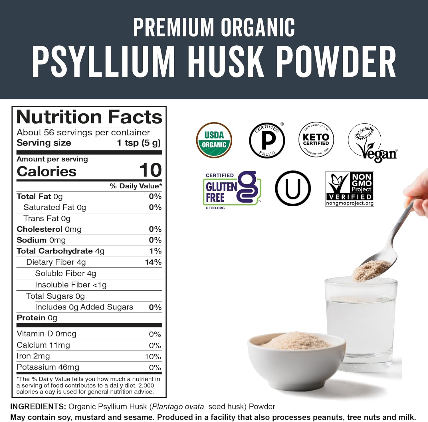 Viva Naturals Organic Psyllium Husk Powder, 10 oz – Finely Ground, Unflavored, Vegan, Keto, Paleo, Non-GMO Plant-Based Superfood, Good Source of Fiber for Gluten-Free Baking, Juices & Smoothies - Image 7